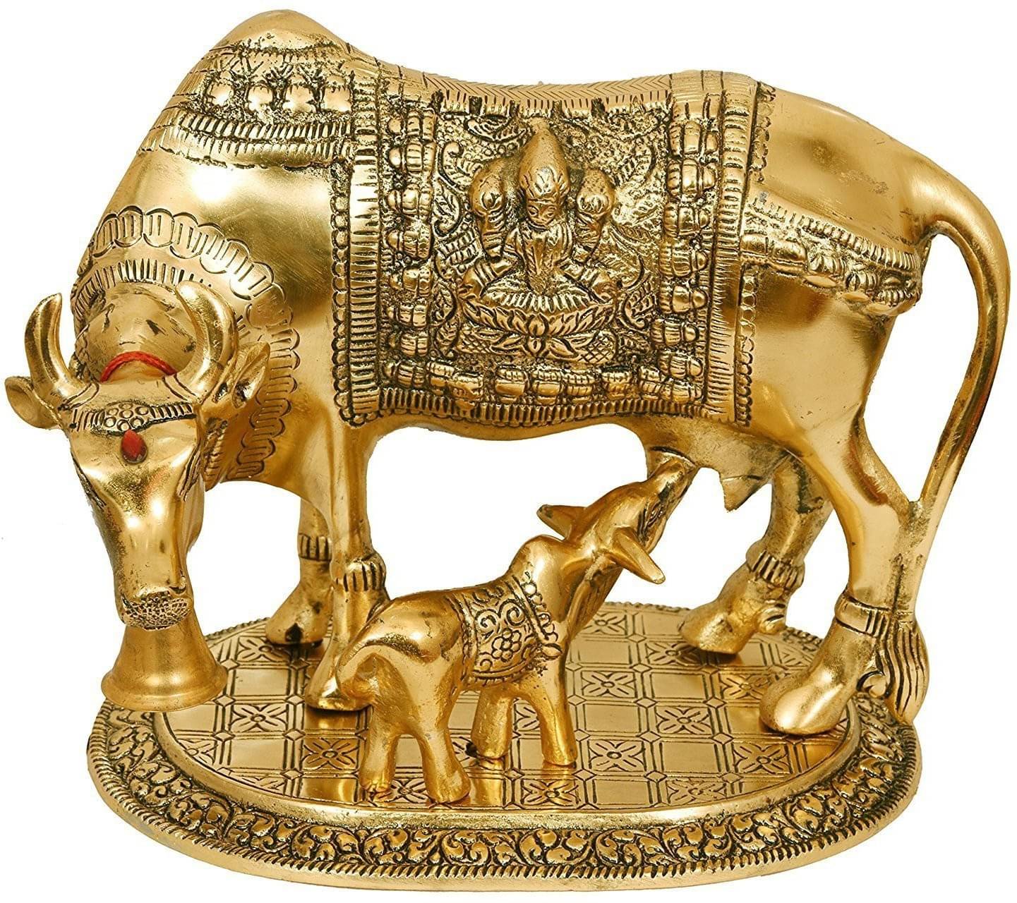     			Fashion Bizz Large Elegant Kamdhenu Cow And Calf Metal Statue Decorative Showpiece - 16 cm
