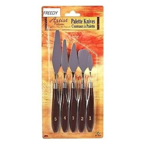 Freedy Palette Painting Knives - Set of 5 Various Sizes & Shapes, Stainless Steel Scraper Spatula with Polished Brown Handle for Artist Canvas Oil Paint Mixing Colour(L)q Freedy Palette Painting Knives - Set of 5 Various Sizes & Shapes, Stainless Steel Scraper Spatula with Polished Brown Handle for Artist Canvas Oil Paint Mixing Colour(L)q