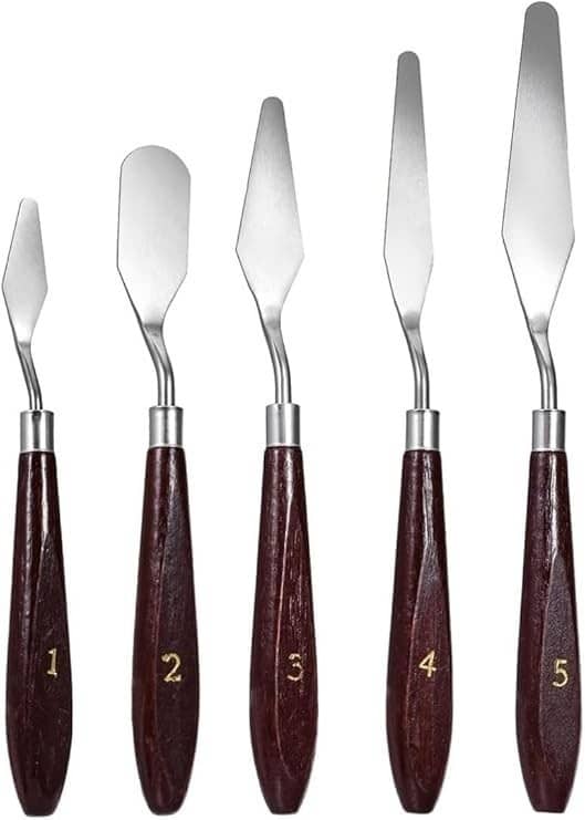 Freedy  Palette Painting Knives - Set of 5 Various Sizes & Shapes, Stainless Steel Scraper Spatula with Polished Brown Handle for Artist Canvas Oil Paint Mixing Colour(L)