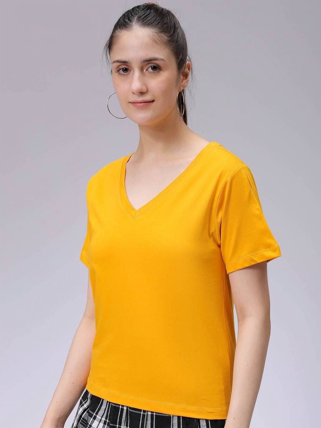 Freehand Women Cotton Solid Regular Fit V-Neck T-Shirt ( Yellow ) Freehand Women Cotton Solid Regular Fit V-Neck T-Shirt ( Yellow )