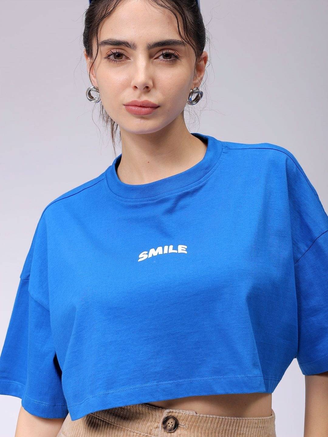     			Freehand Women Cotton Printed Oversized Fit Round Neck T-Shirt ( Blue )