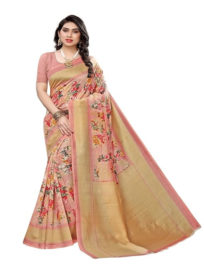     			Grubstaker Art Silk Printed Saree With Unstitched Blouse Piece ( Pink )