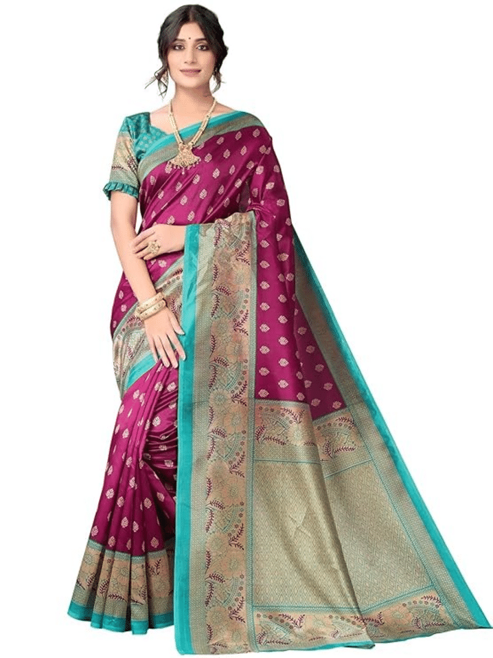     			Grubstaker Art Silk Printed Saree With Unstitched Blouse Piece ( Purple )