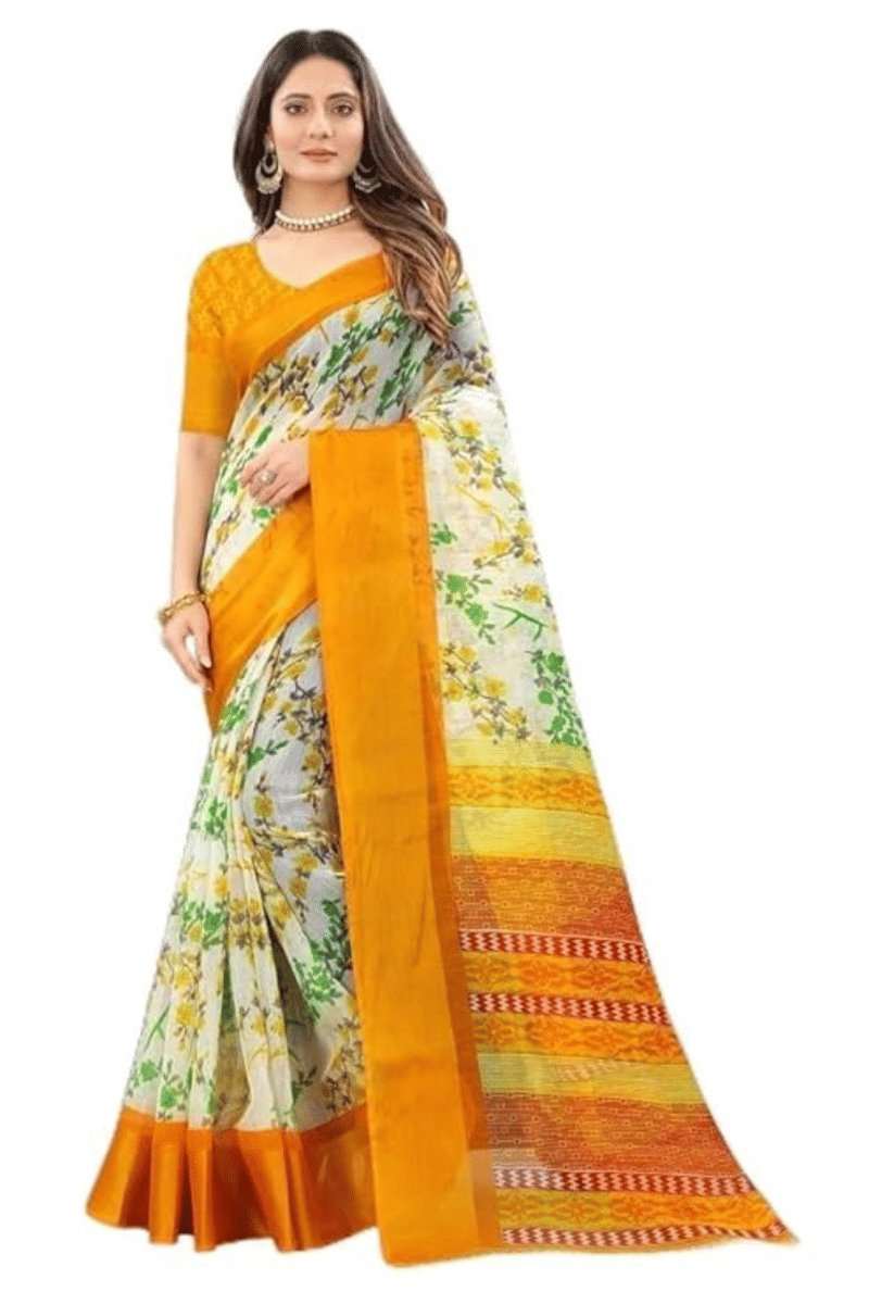 Grubstaker Cotton Blend Printed Saree With Unstitched Blouse Piece ( White ) Grubstaker Cotton Blend Printed Saree With Unstitched Blouse Piece ( White )