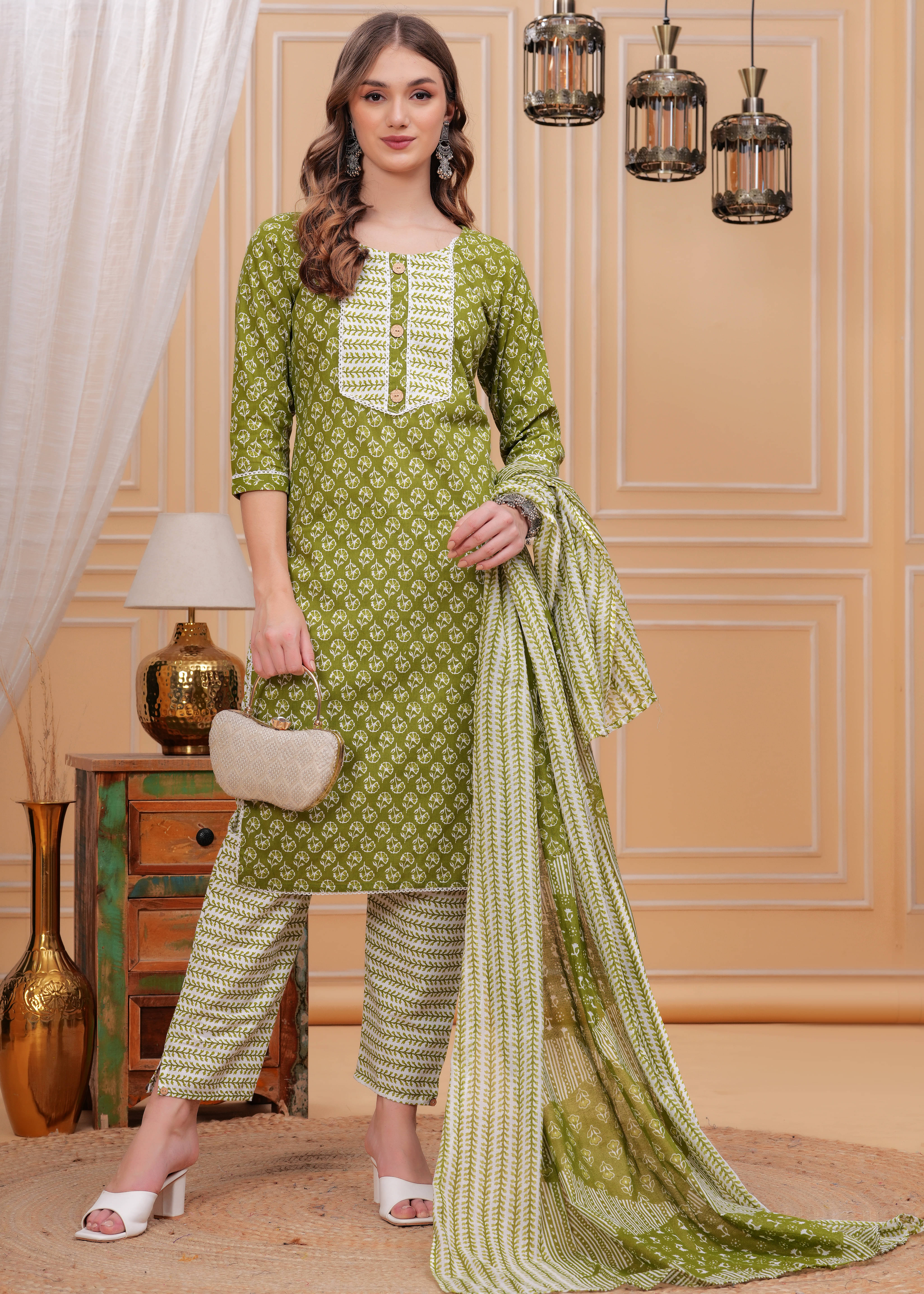     			JC4U Cotton Printed Kurti With Pants Women's Stitched Salwar Suit - Green ( Pack of 1 )