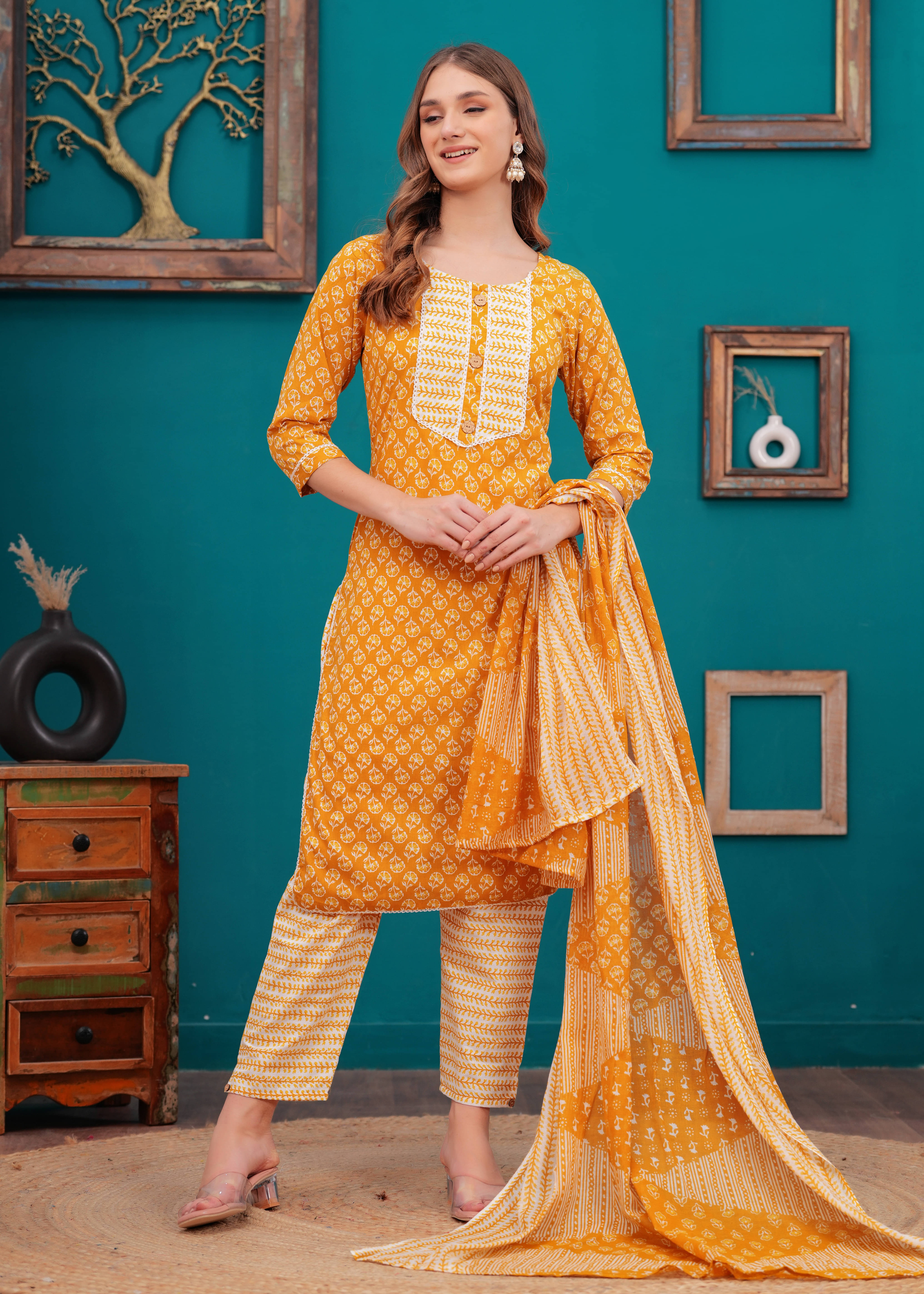 JC4U Cotton Printed Kurti With Pants Women's Stitched Salwar Suit - Yellow ( Pack of 1 )     			JC4U Cotton Printed Kurti With Pants Women's Stitched Salwar Suit - Yellow ( Pack of 1 )