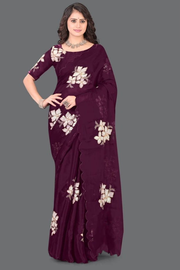 JULEE Organza Embellished Saree With Unstitched Blouse Piece ( Wine ) JULEE Organza Embellished Saree With Unstitched Blouse Piece ( Wine )