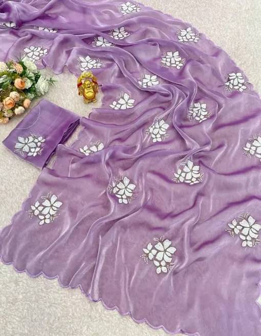     			Lady Shopi Organza Embellished Saree With Unstitched Blouse Piece ( Purple )