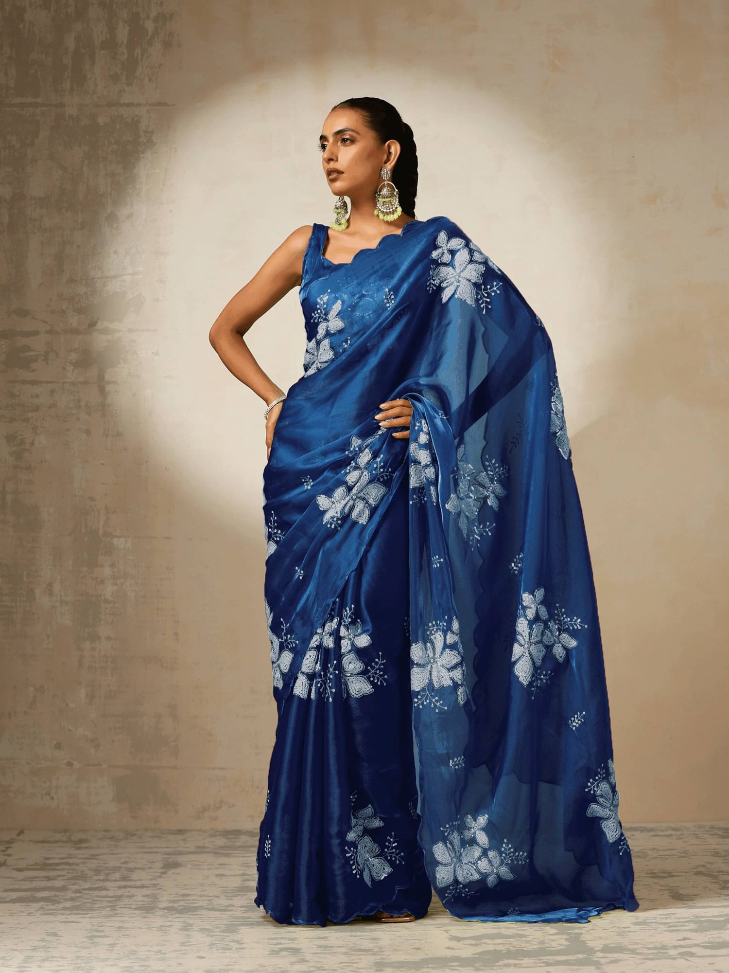     			Lady Shopi Organza Embellished Saree With Unstitched Blouse Piece ( Teal )