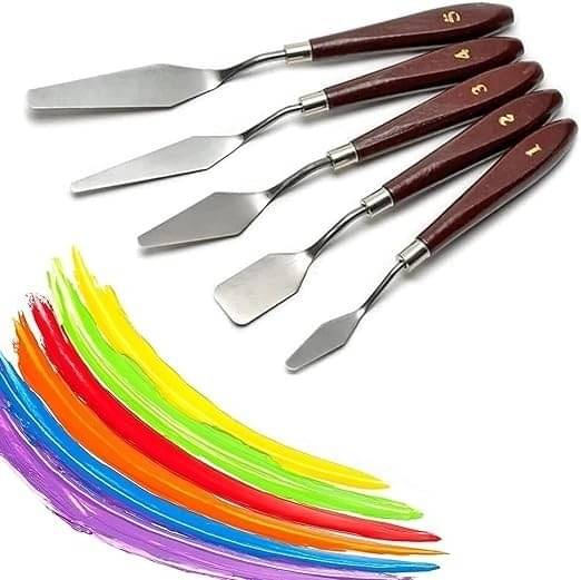     			Palette Painting Knives - Set of 5 Various Sizes & Shapes, Stainless Steel Scraper Spatula with Polished Brown Handle for Artist Canvas Oil Paint Mixing Colour(L)