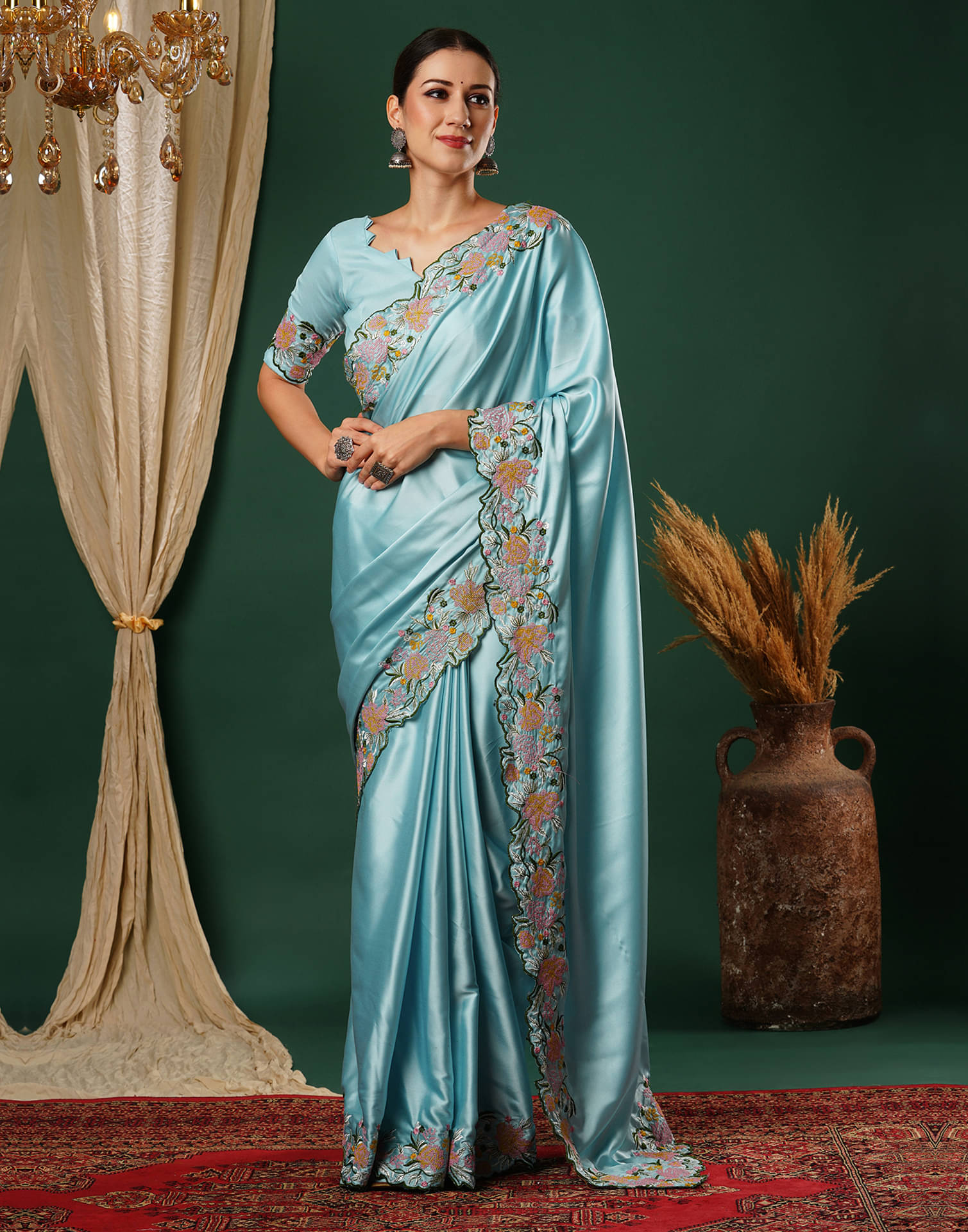 Samah Satin Embroidered Saree With Unstitched Blouse Piece ( Light Blue ) Samah Satin Embroidered Saree With Unstitched Blouse Piece ( Light Blue )