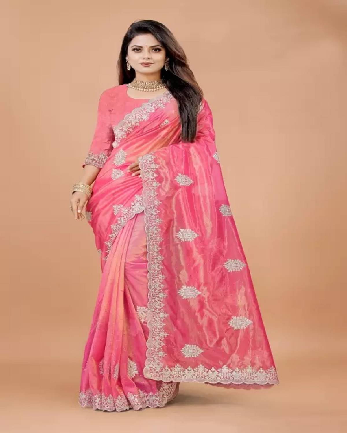 Samai Net Embroidered Saree With Unstitched Blouse Piece ( Pink ) Samai Net Embroidered Saree With Unstitched Blouse Piece ( Pink )