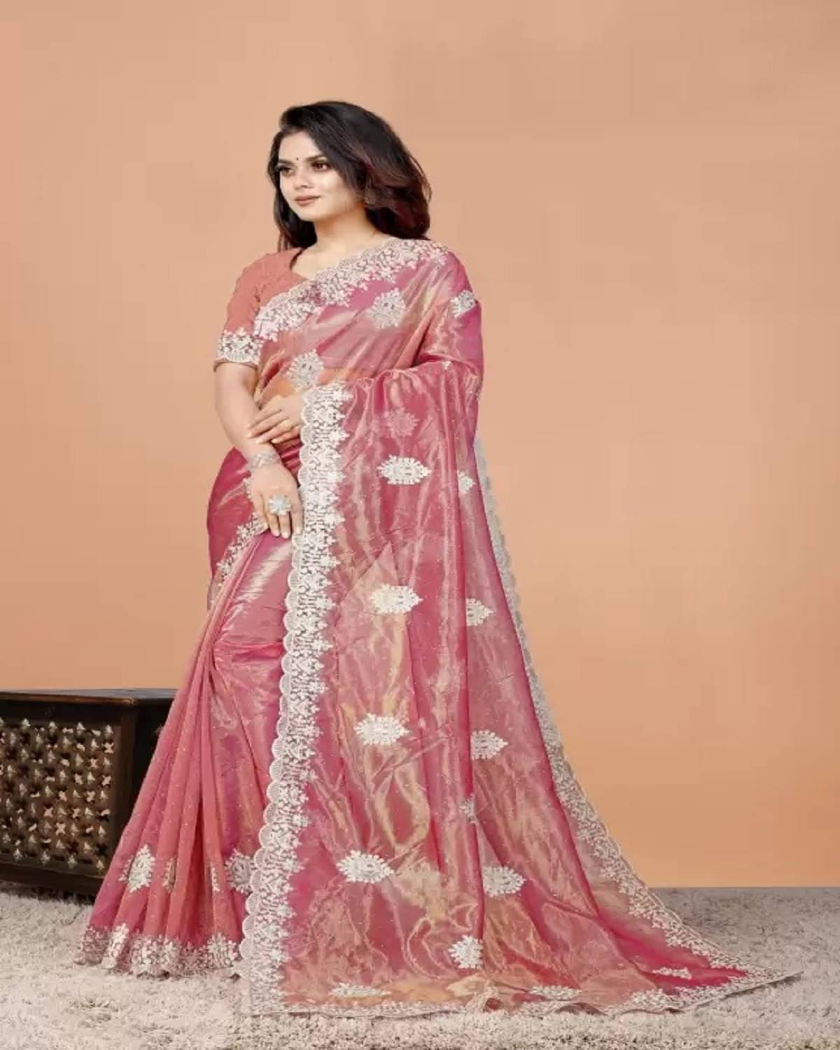     			Samai Net Embroidered Saree With Unstitched Blouse Piece ( Peach )