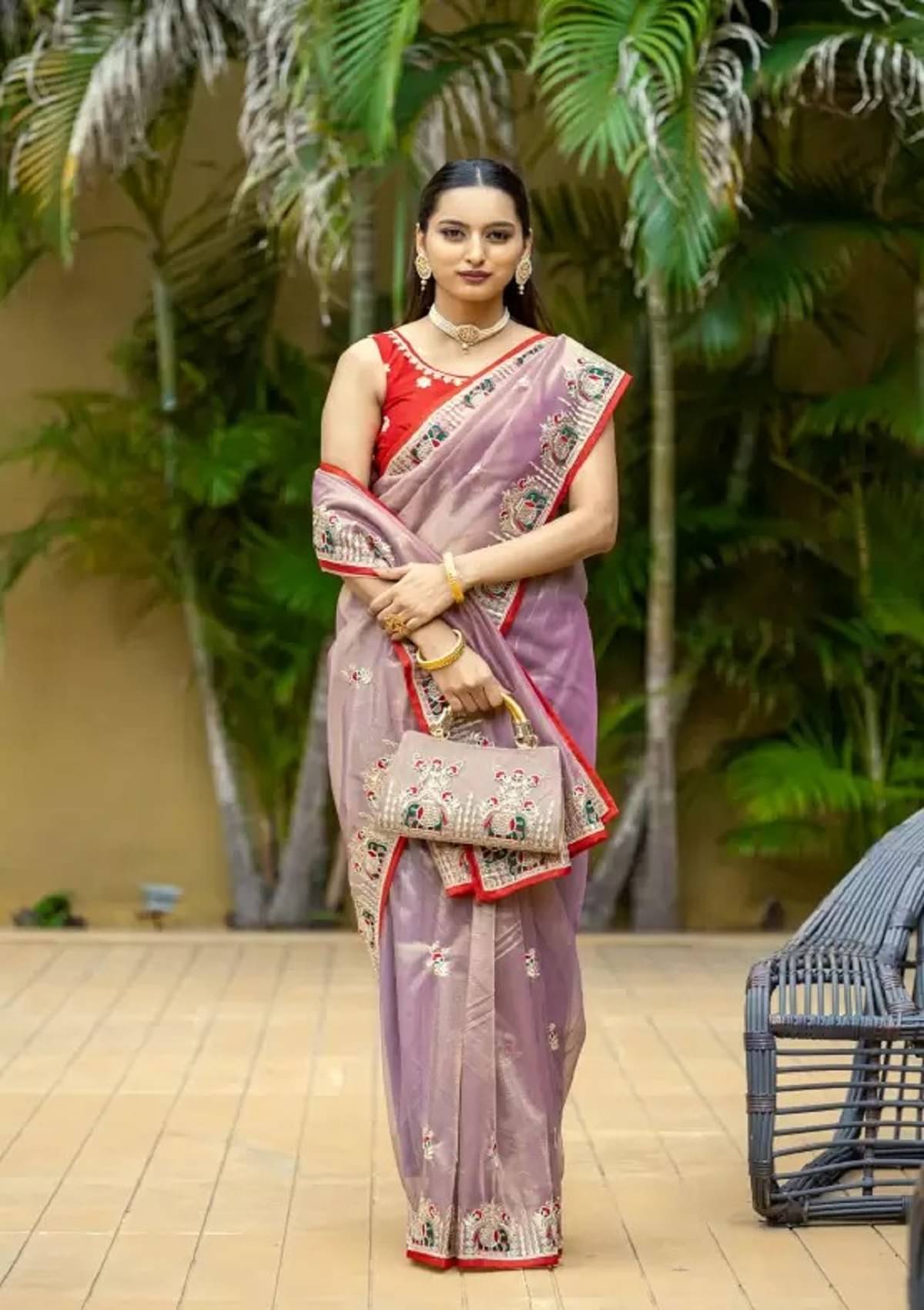 Samai Organza Embroidered Saree With Unstitched Blouse Piece ( Lavender ) Samai Organza Embroidered Saree With Unstitched Blouse Piece ( Lavender )