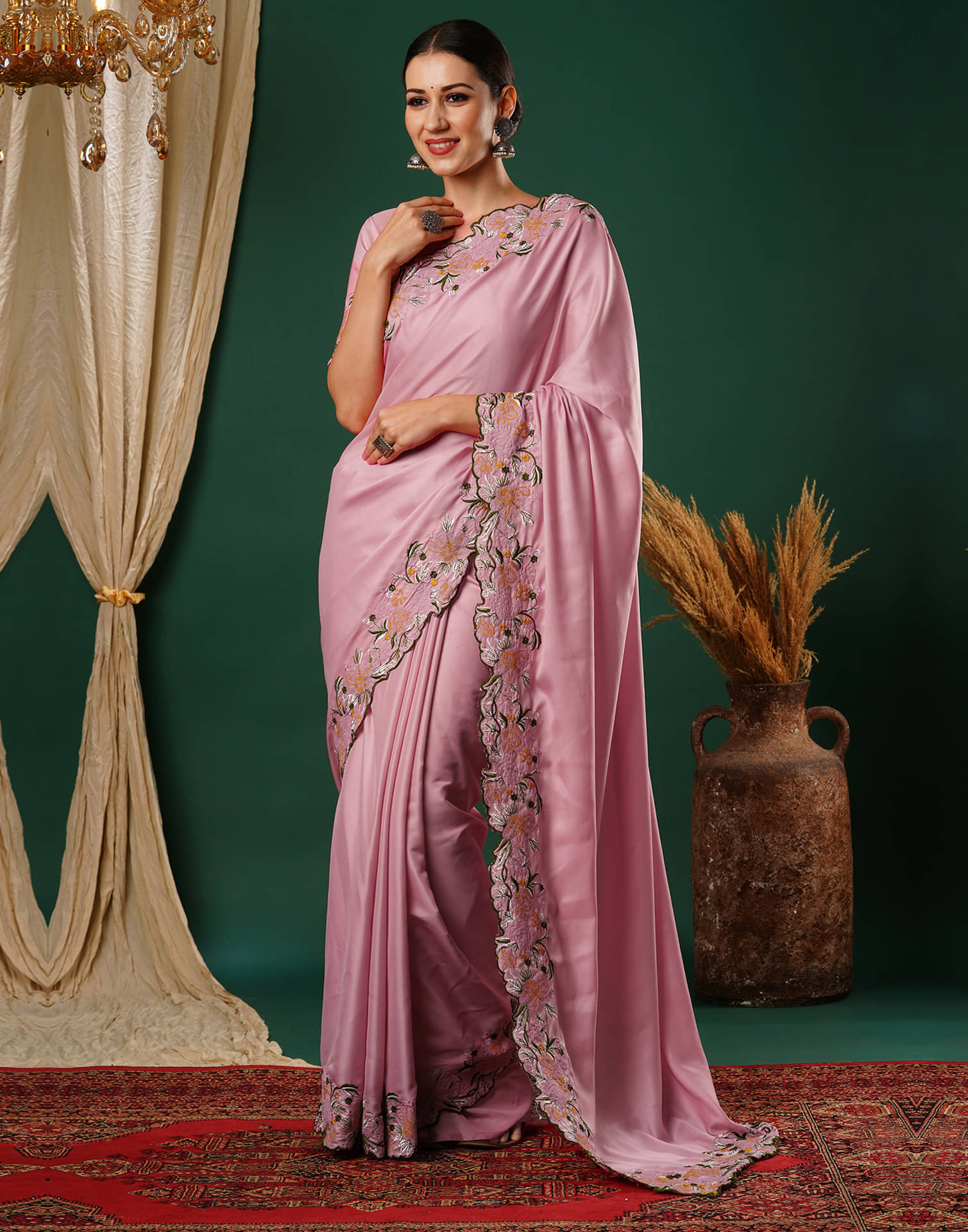     			Satrani Satin Embroidered Saree With Unstitched Blouse Piece ( Rose Gold )