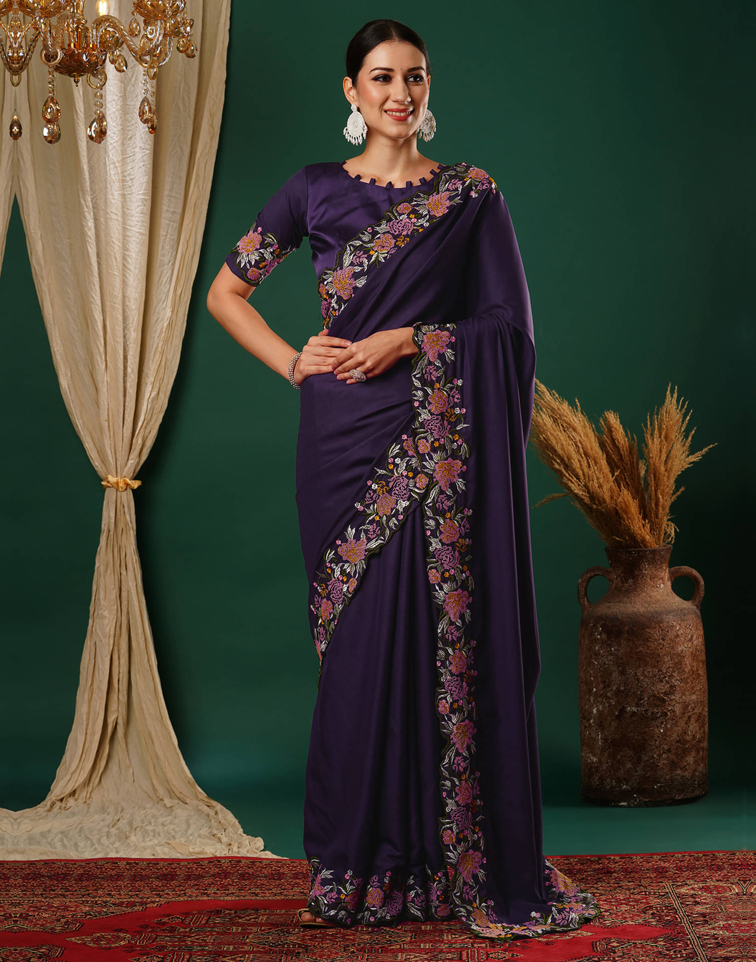     			Satrani Satin Embroidered Saree With Unstitched Blouse Piece ( Purple )