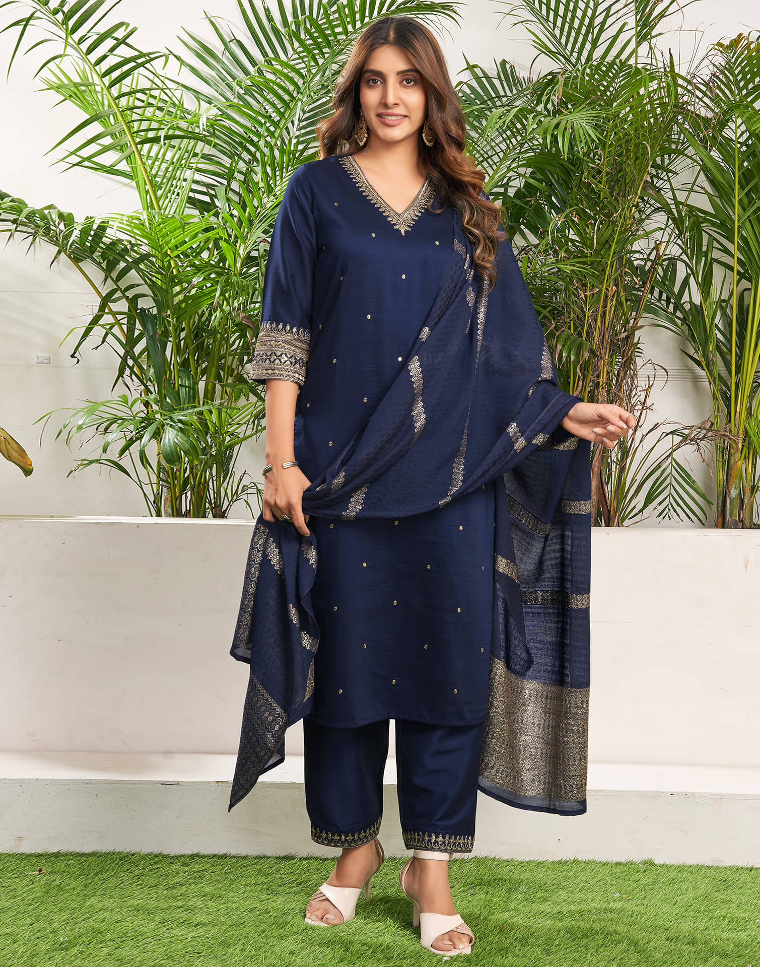 Skylee Cotton Silk Embellished Kurti With Pants Women's Stitched Salwar Suit - Blue ( Pack of 1 )     			Skylee Cotton Silk Embellished Kurti With Pants Women's Stitched Salwar Suit - Blue ( Pack of 1 )