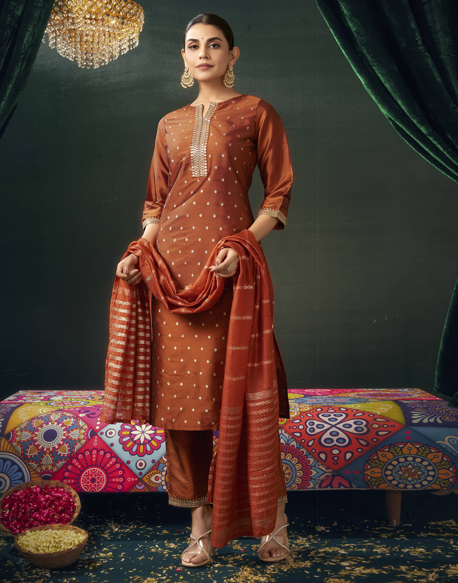     			Skylee Silk Blend Embroidered Kurti With Pants Women's Stitched Salwar Suit - Rust ( Pack of 1 )
