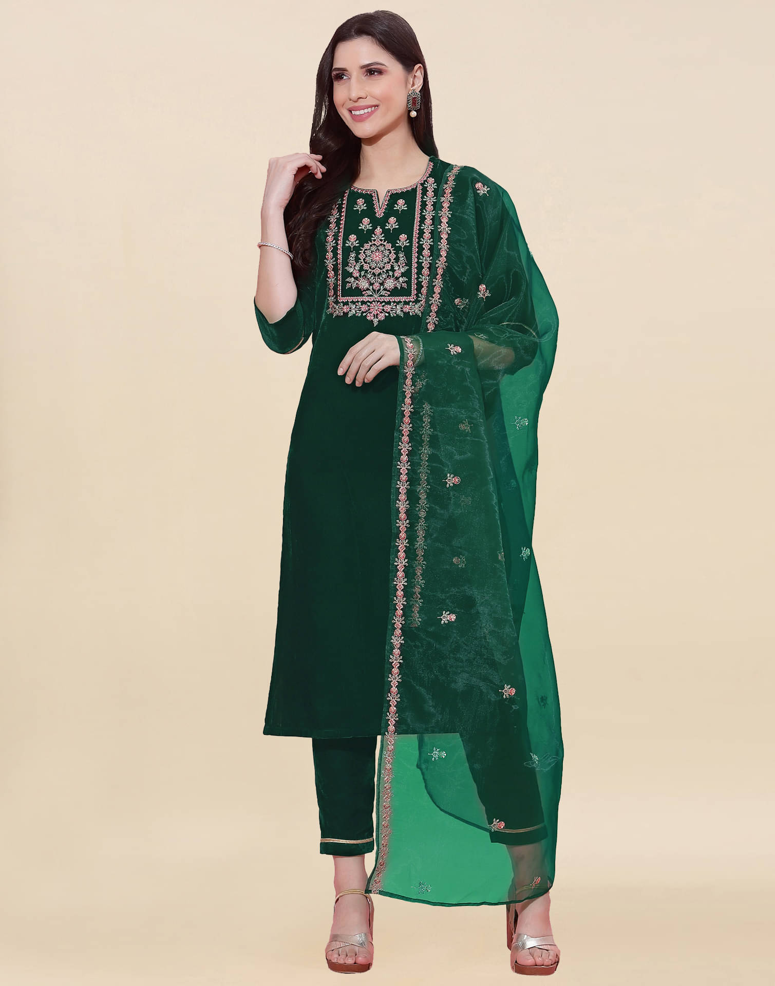 Skylee Velvet Embellished Kurti With Pants Women's Stitched Salwar Suit - Dark Green ( Pack of 1 )     			Skylee Velvet Embellished Kurti With Pants Women's Stitched Salwar Suit - Dark Green ( Pack of 1 )