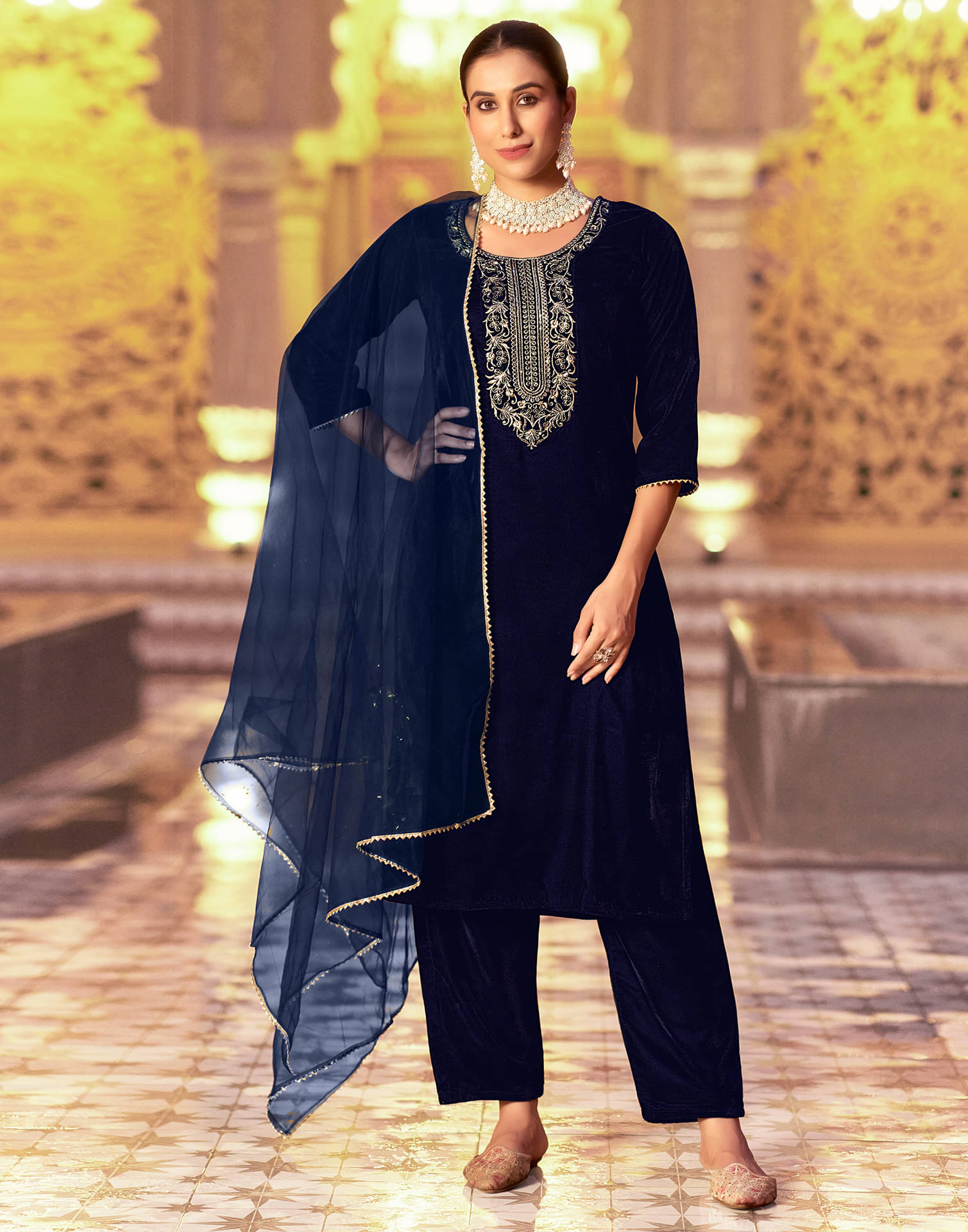 Skylee Velvet Embellished Kurti With Pants Women's Stitched Salwar Suit - Navy Blue ( Pack of 1 ) Skylee Velvet Embellished Kurti With Pants Women's Stitched Salwar Suit - Navy Blue ( Pack of 1 )