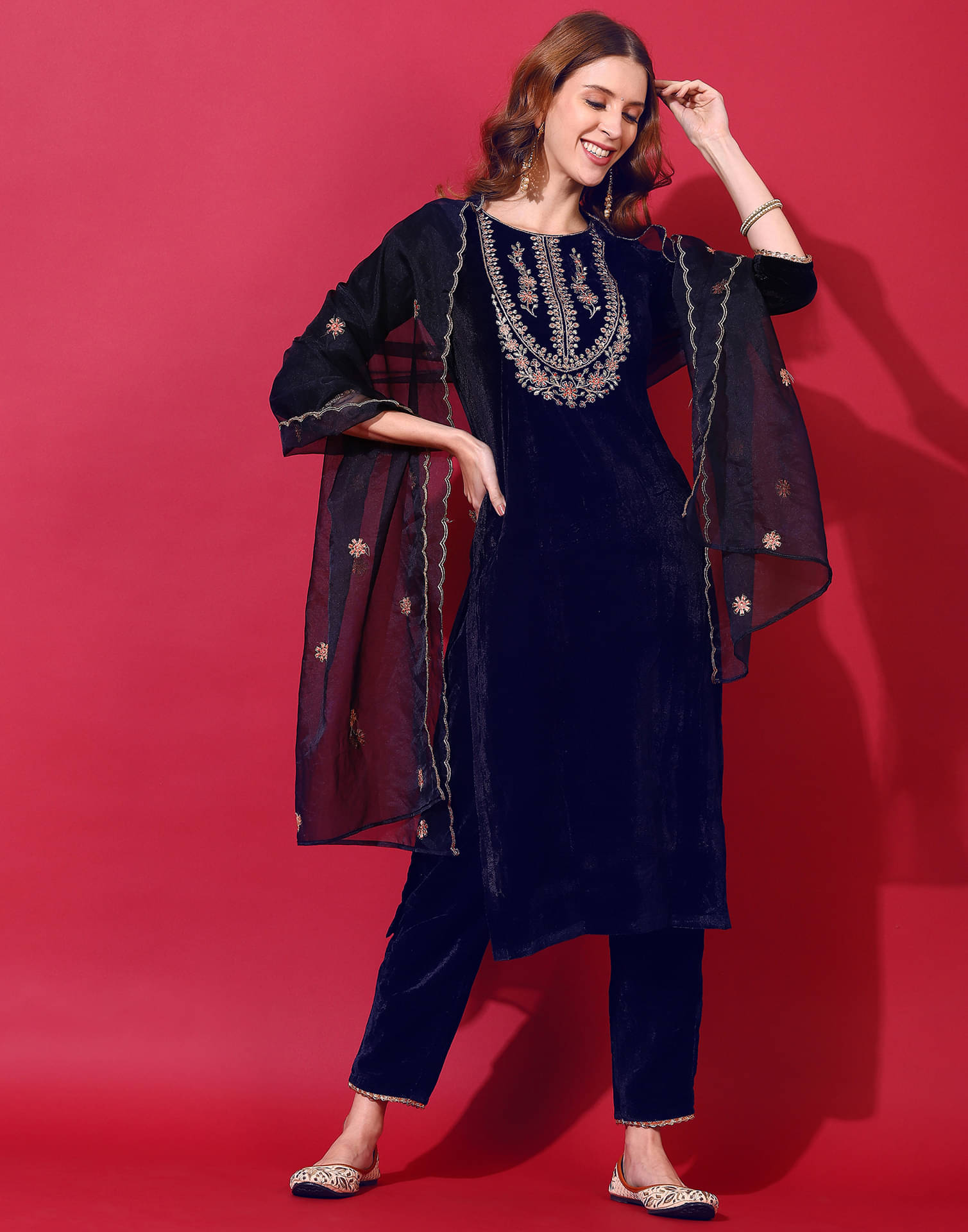     			Skylee Velvet Embellished Kurti With Pants Women's Stitched Salwar Suit - Navy Blue ( Pack of 1 )