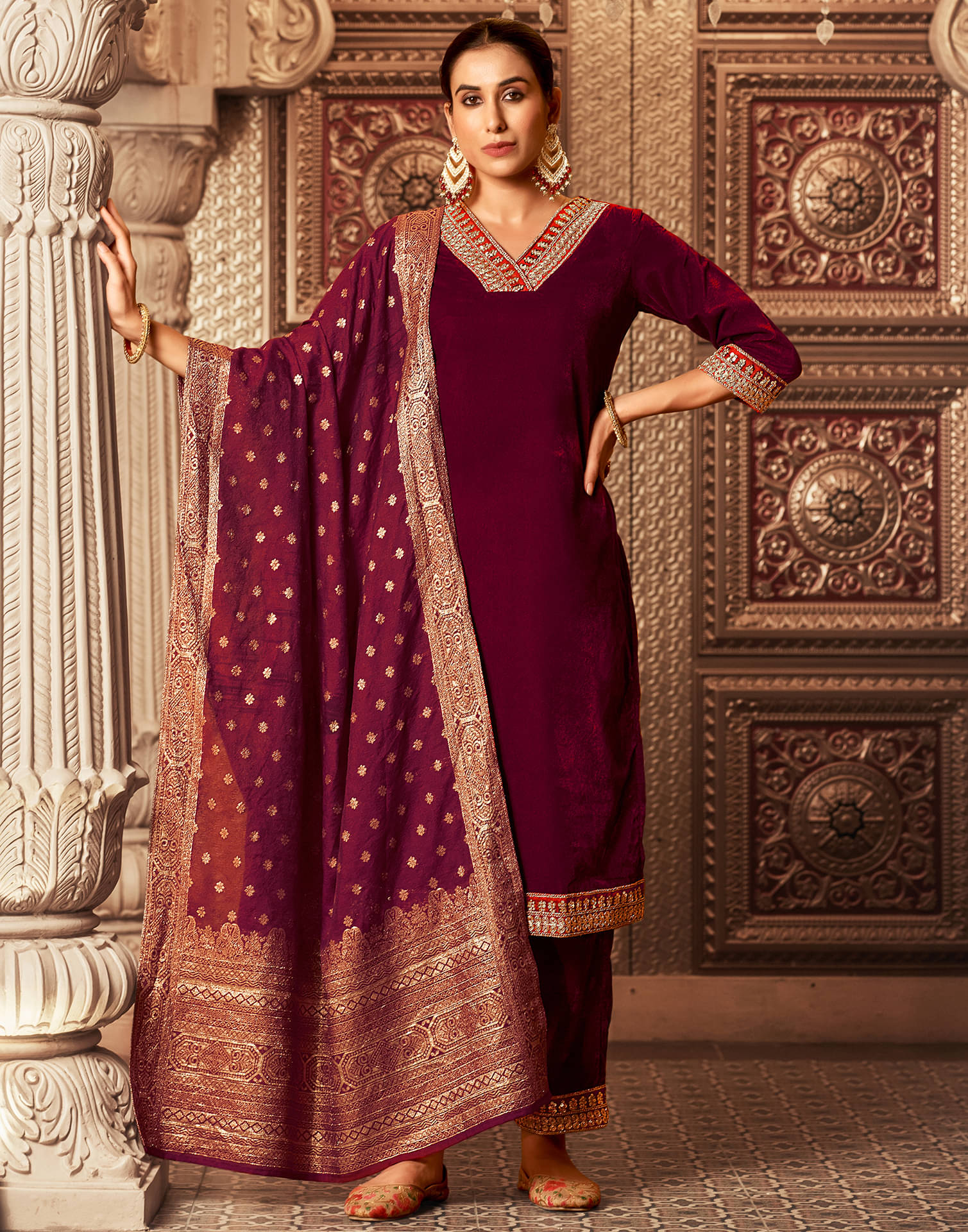 Skylee Velvet Embellished Kurti With Pants Women's Stitched Salwar Suit - Maroon ( Pack of 1 ) Skylee Velvet Embellished Kurti With Pants Women's Stitched Salwar Suit - Maroon ( Pack of 1 )
