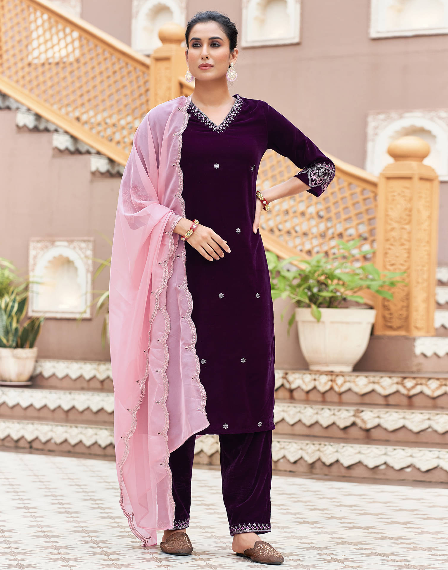 Skylee Velvet Embellished Kurti With Pants Women's Stitched Salwar Suit - Wine ( Pack of 1 ) Skylee Velvet Embellished Kurti With Pants Women's Stitched Salwar Suit - Wine ( Pack of 1 )