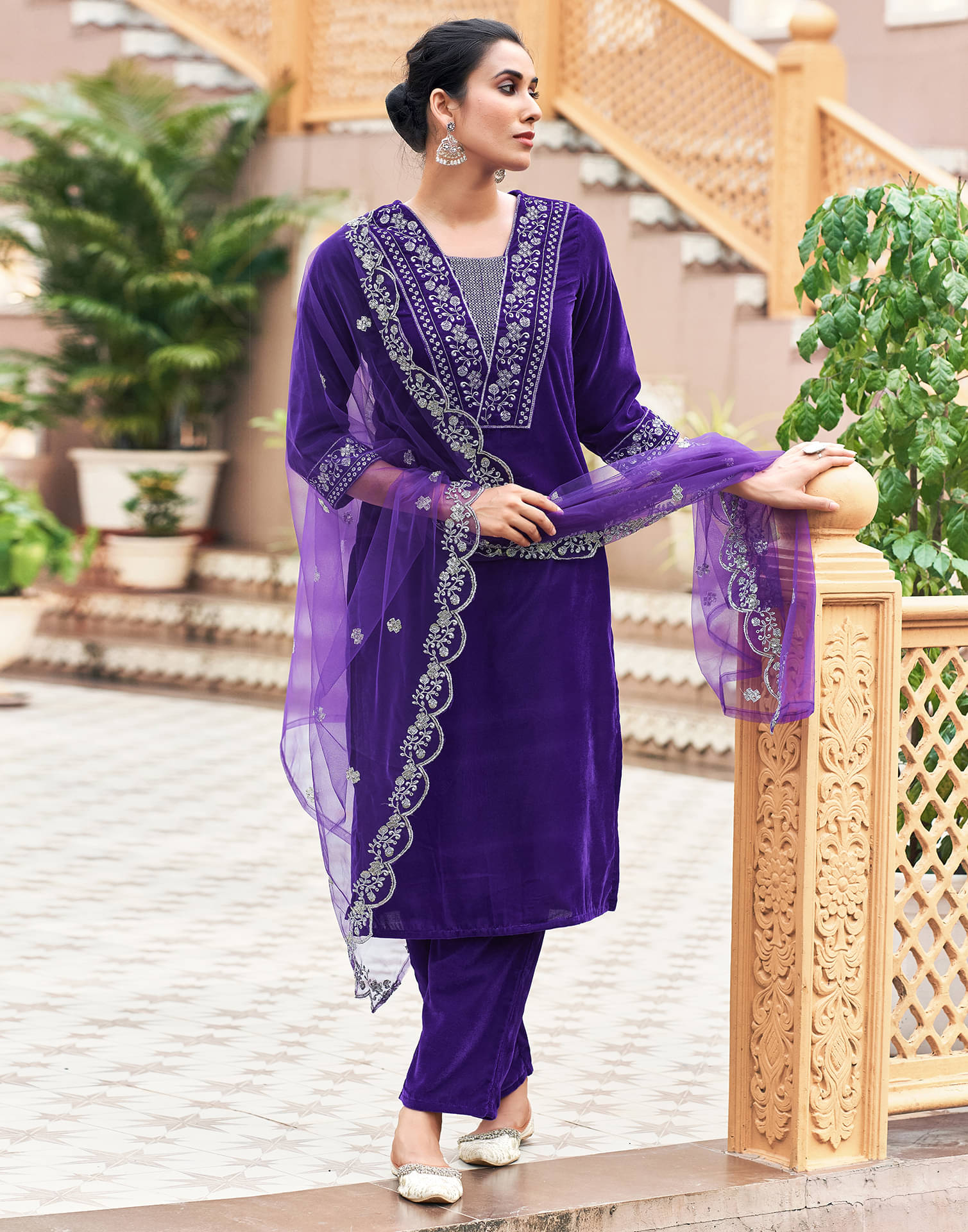 Skylee Velvet Embellished Kurti With Pants Women's Stitched Salwar Suit - Violet ( Pack of 1 ) Skylee Velvet Embellished Kurti With Pants Women's Stitched Salwar Suit - Violet ( Pack of 1 )