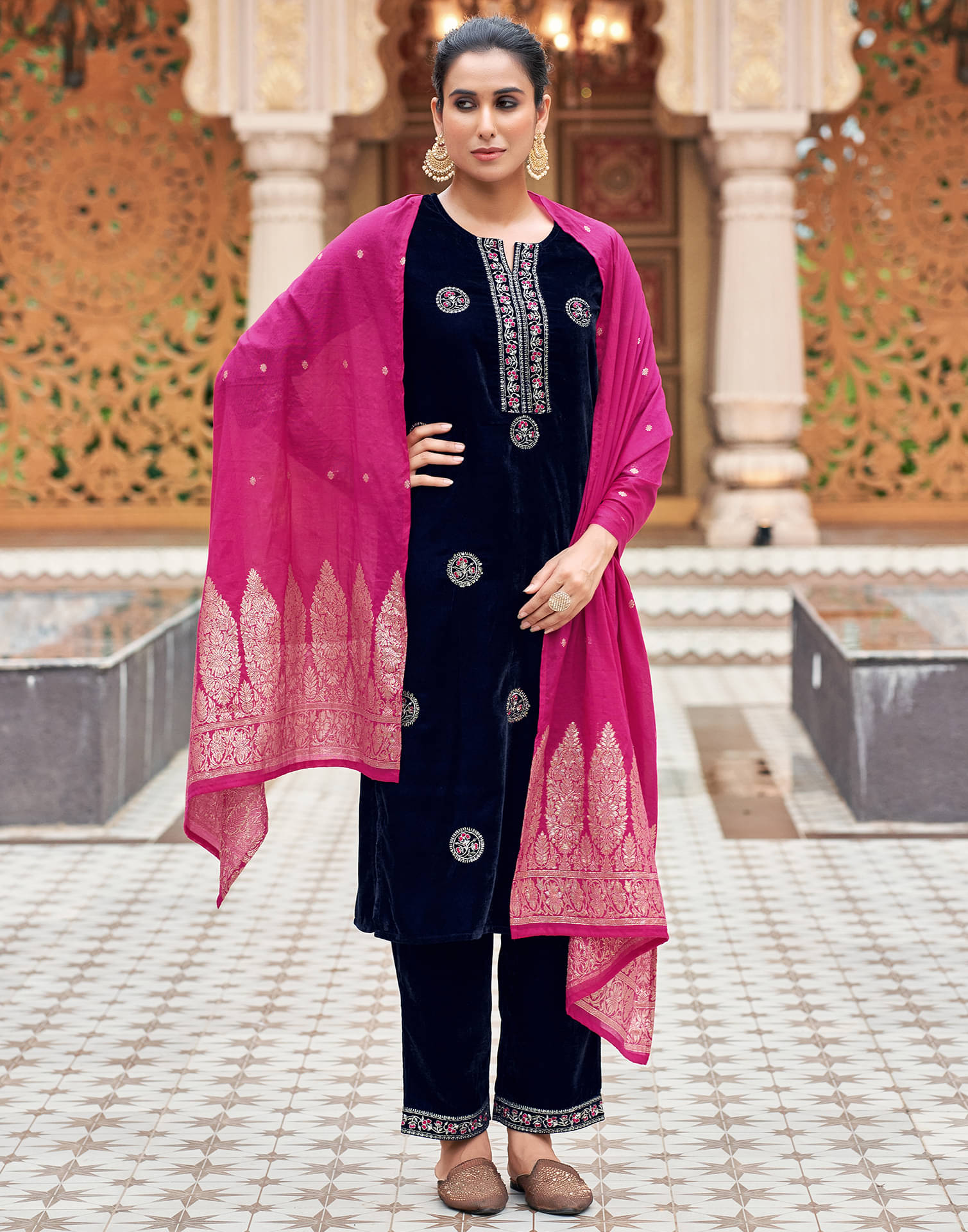     			Skylee Velvet Embroidered Kurti With Pants Women's Stitched Salwar Suit - Navy Blue ( Pack of 1 )