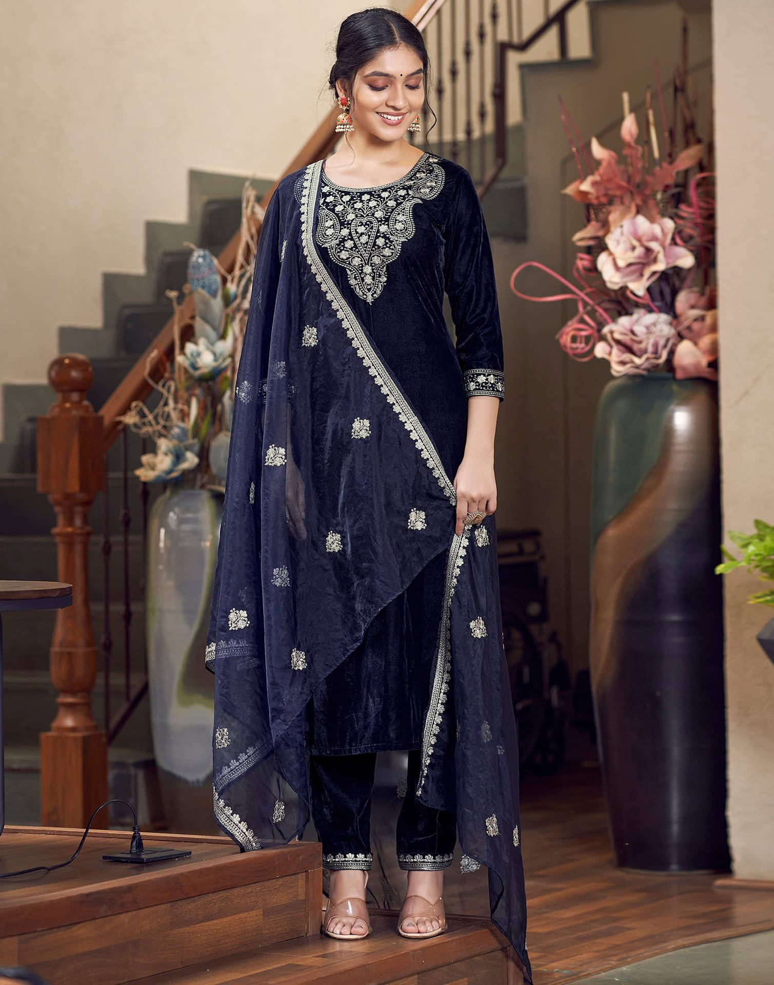     			Skylee Velvet Embroidered Kurti With Pants Women's Stitched Salwar Suit - Navy Blue ( Pack of 1 )