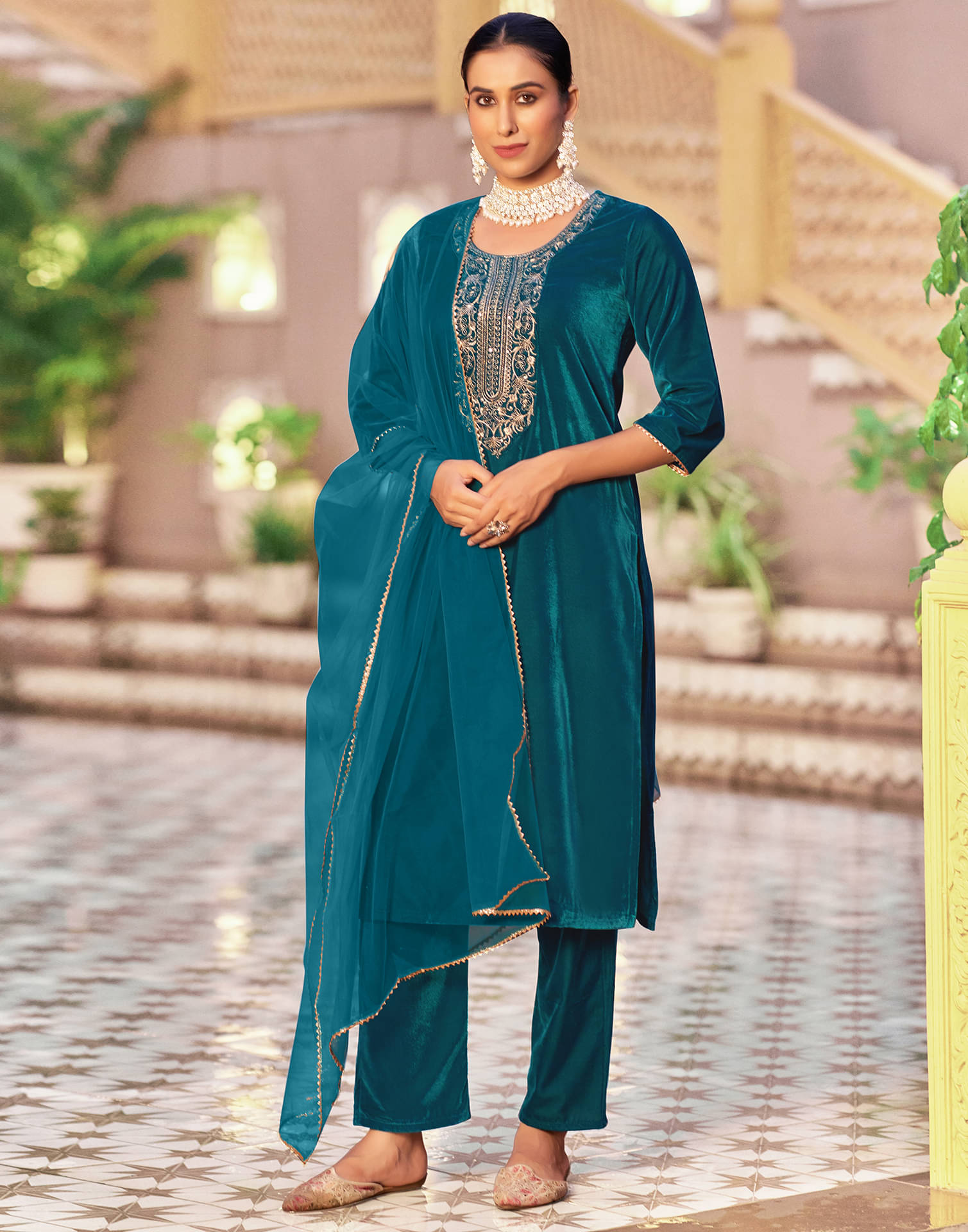 Skylee Velvet Embroidered Kurti With Pants Women's Stitched Salwar Suit - Teal ( Pack of 1 ) Skylee Velvet Embroidered Kurti With Pants Women's Stitched Salwar Suit - Teal ( Pack of 1 )