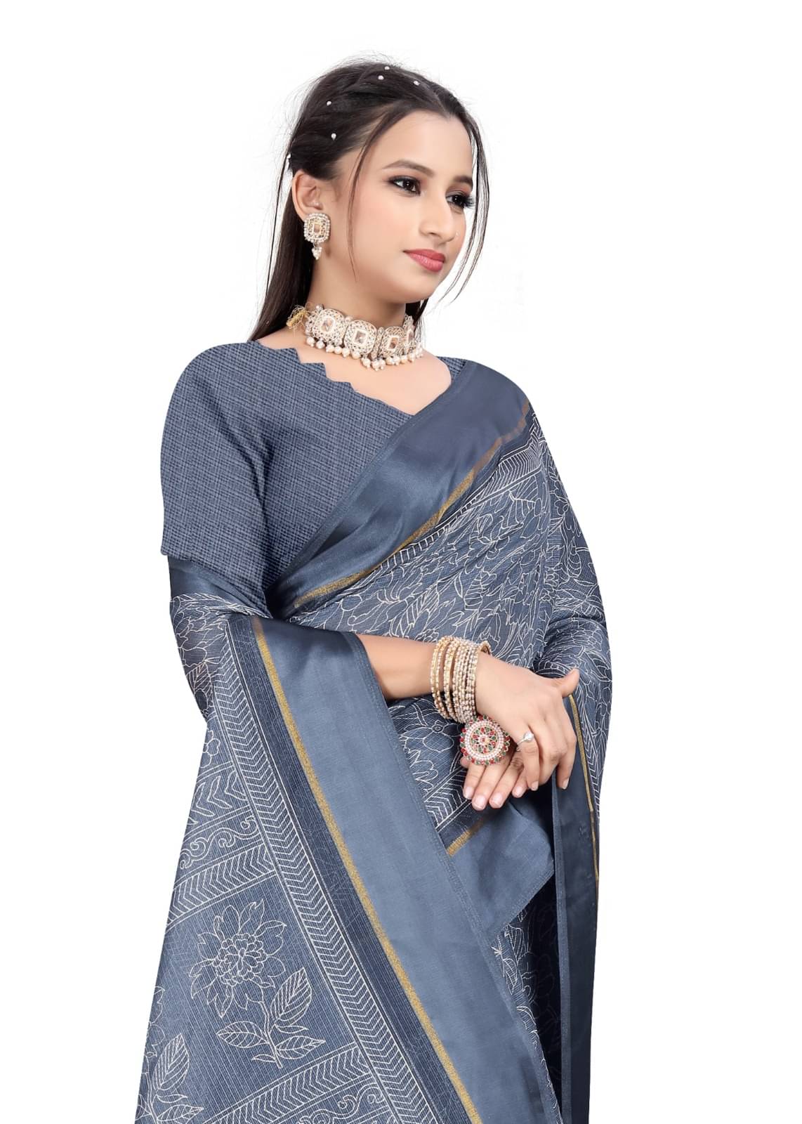     			THE PRIVATE LABLE Linen Checks Saree With Unstitched Blouse Piece ( Silver )