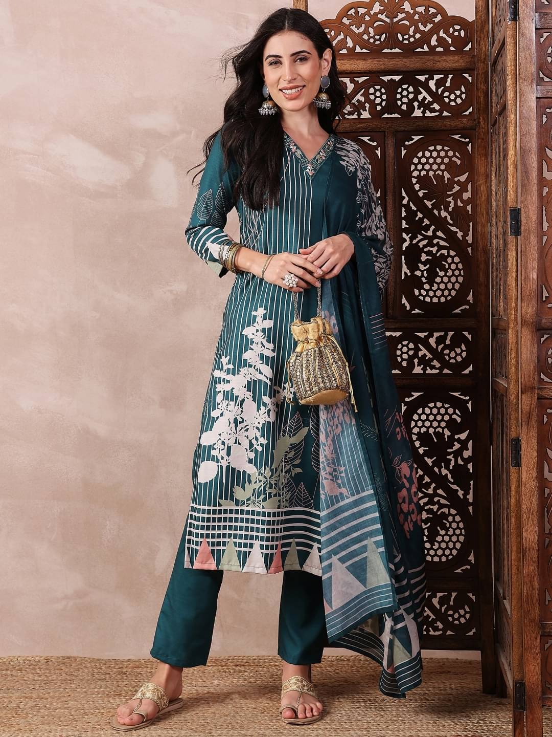     			Vaamsi Silk Blend Printed Kurti With Pants Women's Stitched Salwar Suit - Teal ( Pack of 1 )