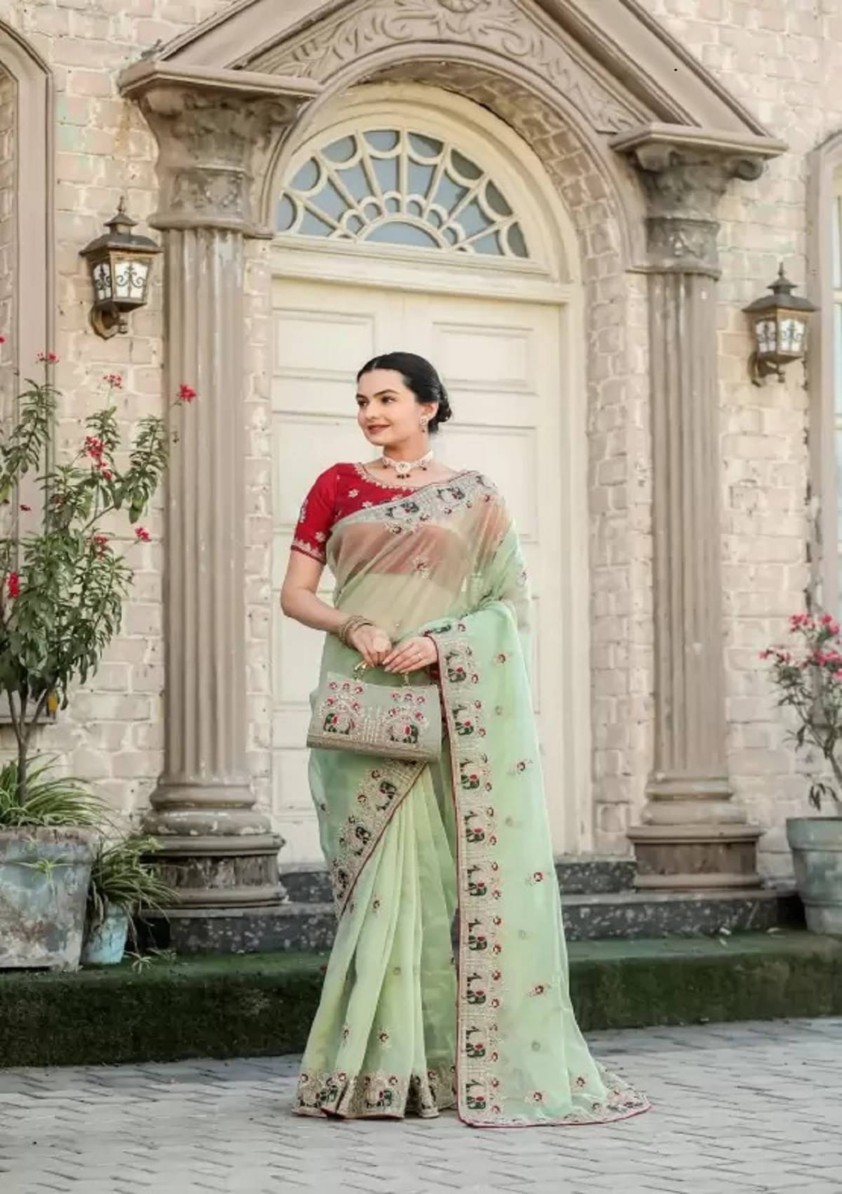 Vkaran Organza Embroidered Saree With Unstitched Blouse Piece ( Light Green ) Vkaran Organza Embroidered Saree With Unstitched Blouse Piece ( Light Green )