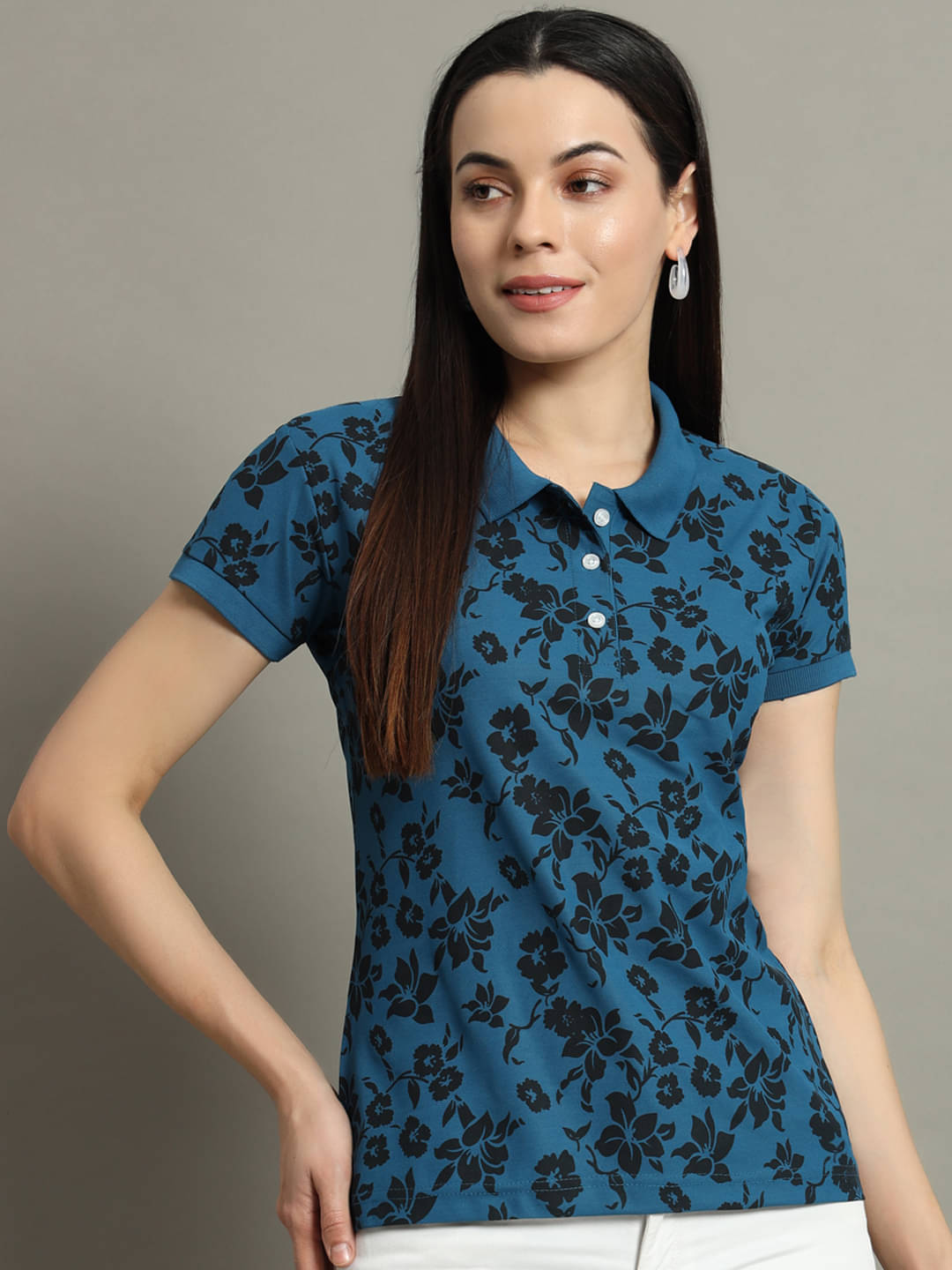     			XYRIS Women Cotton Blend Printed Regular Fit Polo Collar T-Shirt ( Navy Blue )