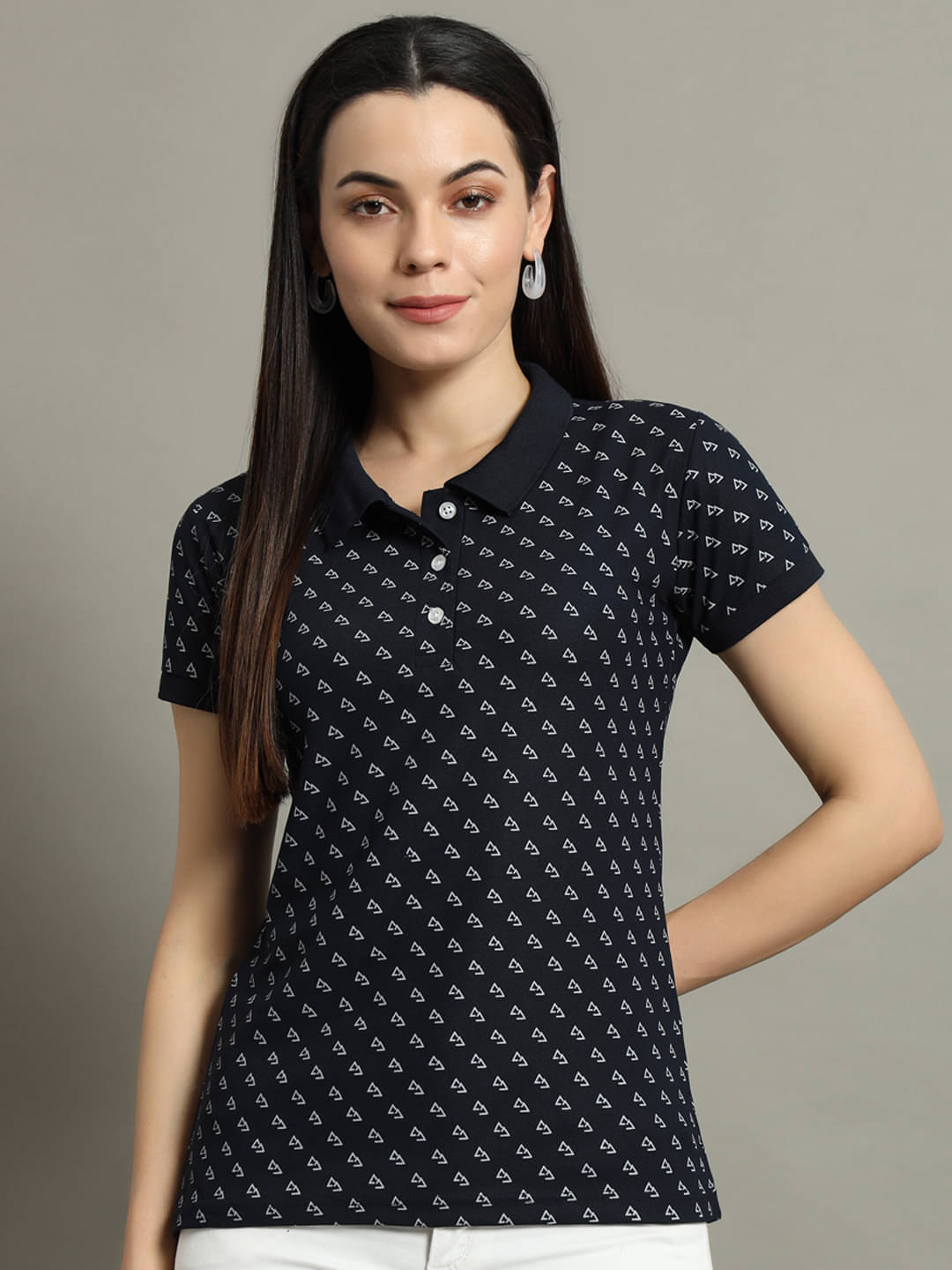     			XYRIS Women Cotton Blend Printed Regular Fit Polo Collar T-Shirt ( Navy Blue )