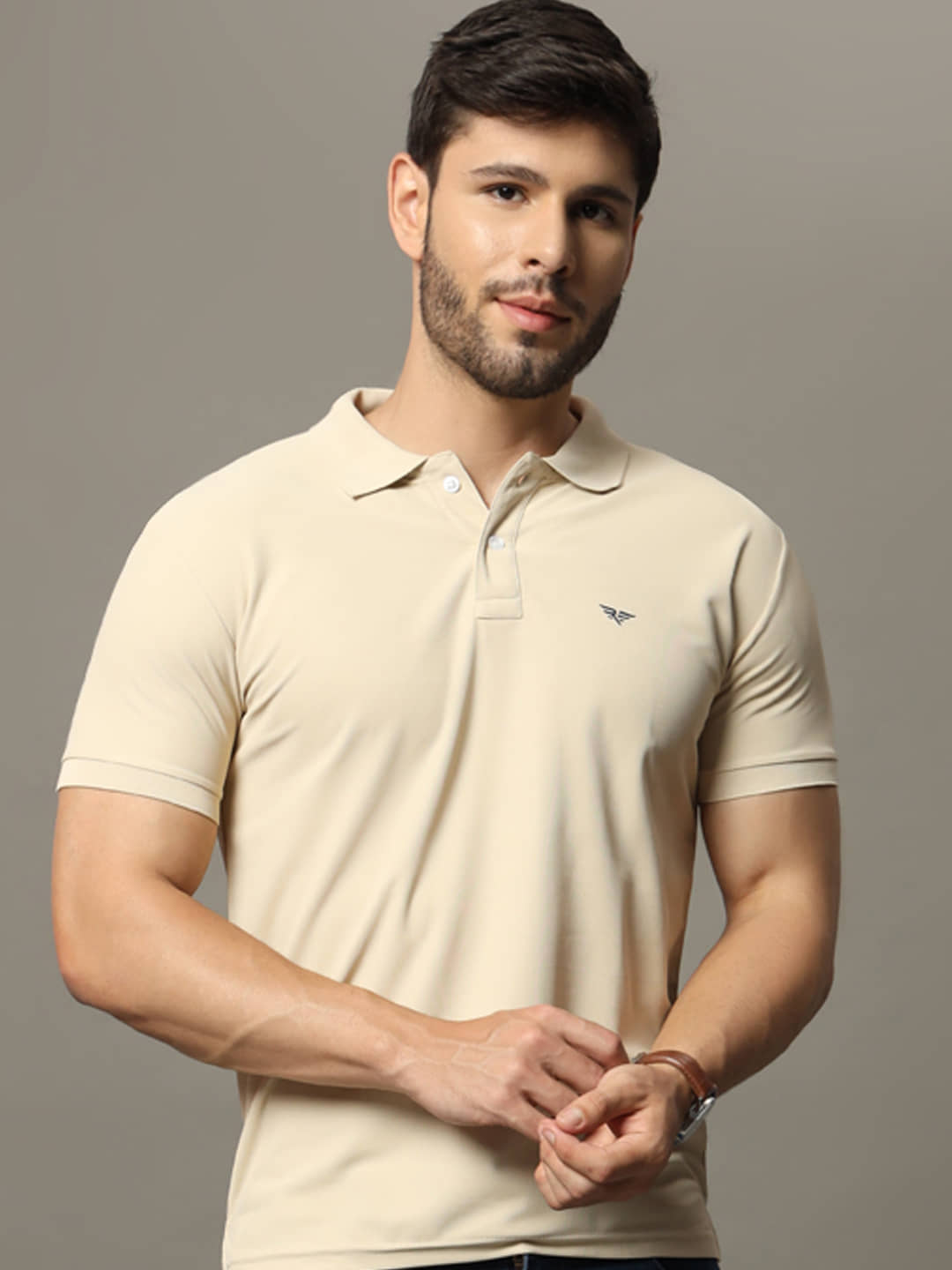 XYRIS Pack of 1 Cotton Blend Regular Fit Solid Half Sleeves Men's Polo T Shirt ( Beige )