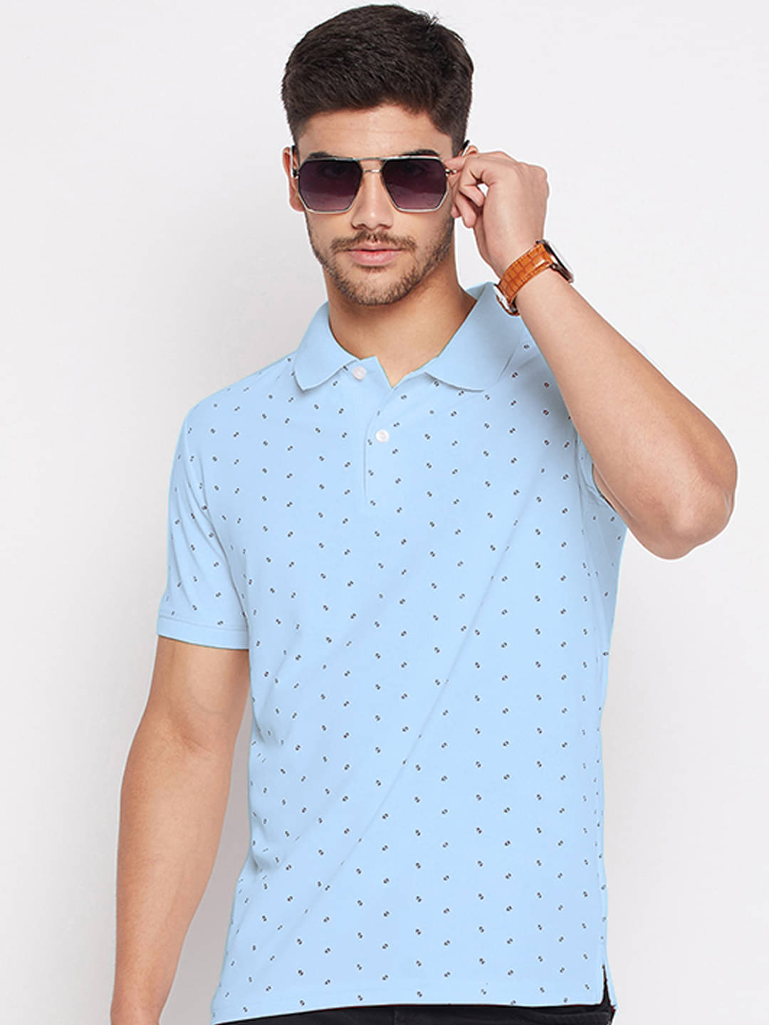 XYRIS Pack of 1 Cotton Blend Regular Fit Printed Half Sleeves Men's Polo T Shirt ( Sky Blue )     			XYRIS Pack of 1 Cotton Blend Regular Fit Printed Half Sleeves Men's Polo T Shirt ( Sky Blue )