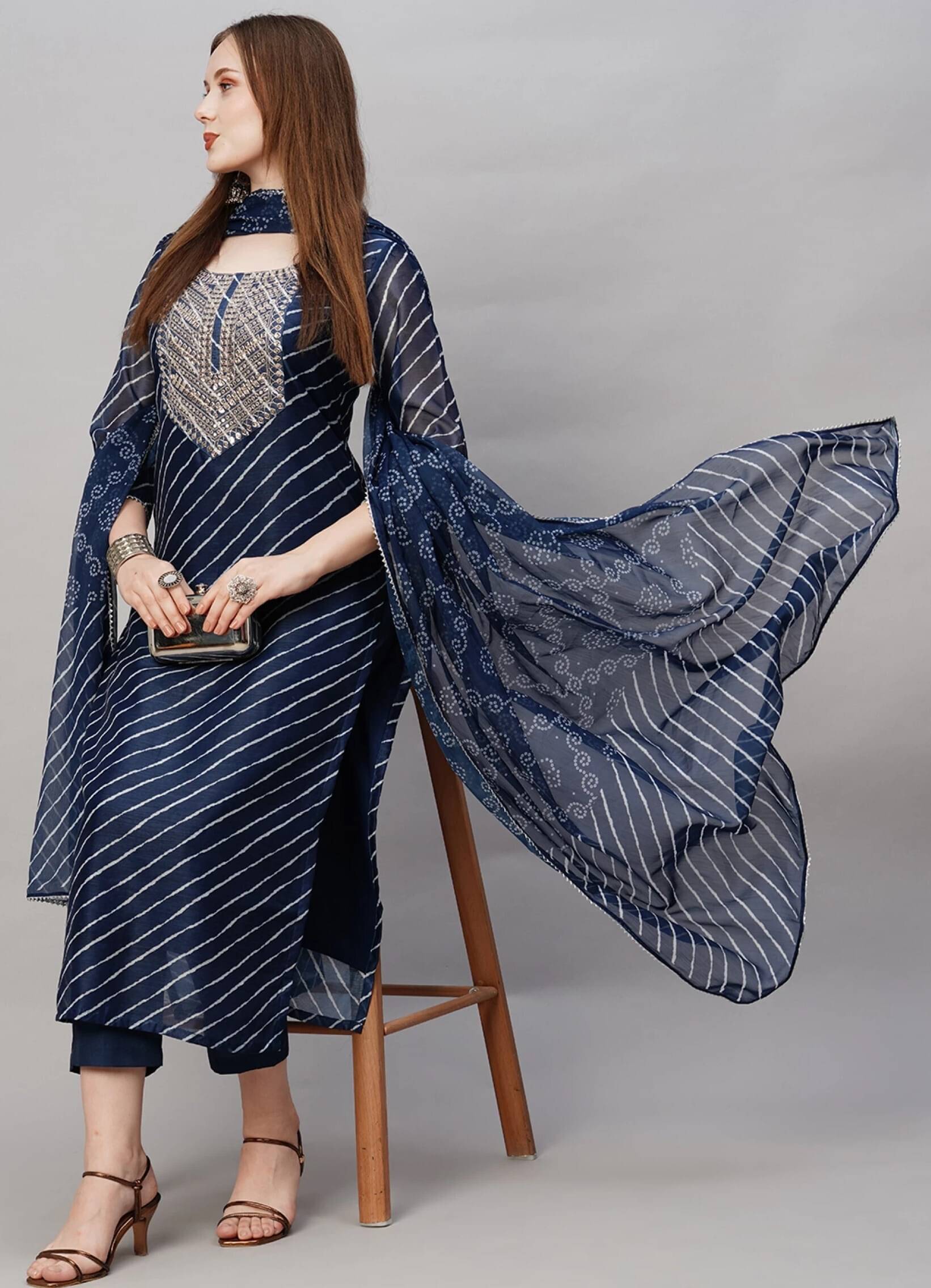 anushansa Cotton Blend Striped Kurti With Pants Women's Stitched Salwar Suit - Blue ( Pack of 1 )     			anushansa Cotton Blend Striped Kurti With Pants Women's Stitched Salwar Suit - Blue ( Pack of 1 )