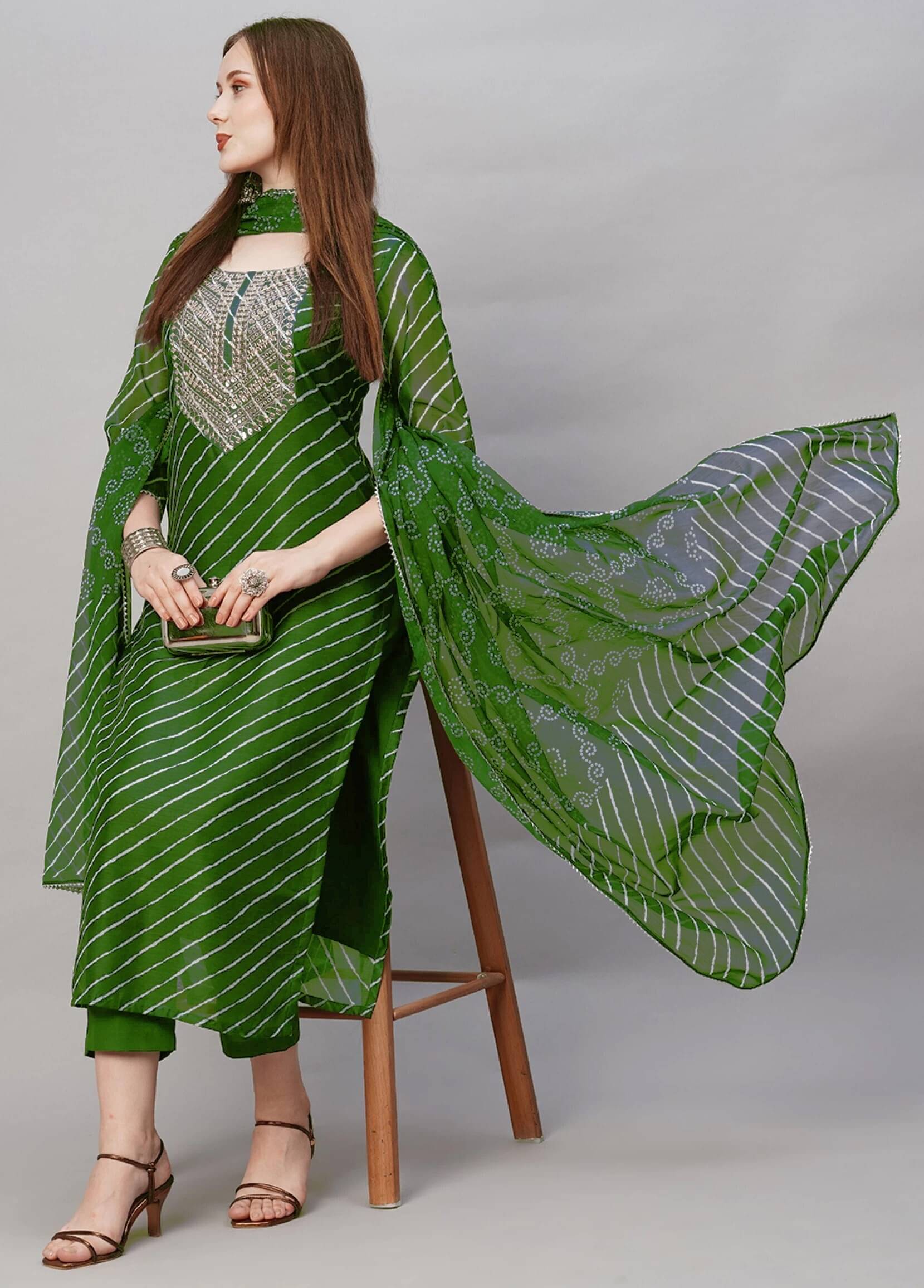     			anushansa Cotton Blend Striped Kurti With Pants Women's Stitched Salwar Suit - Green ( Pack of 1 )