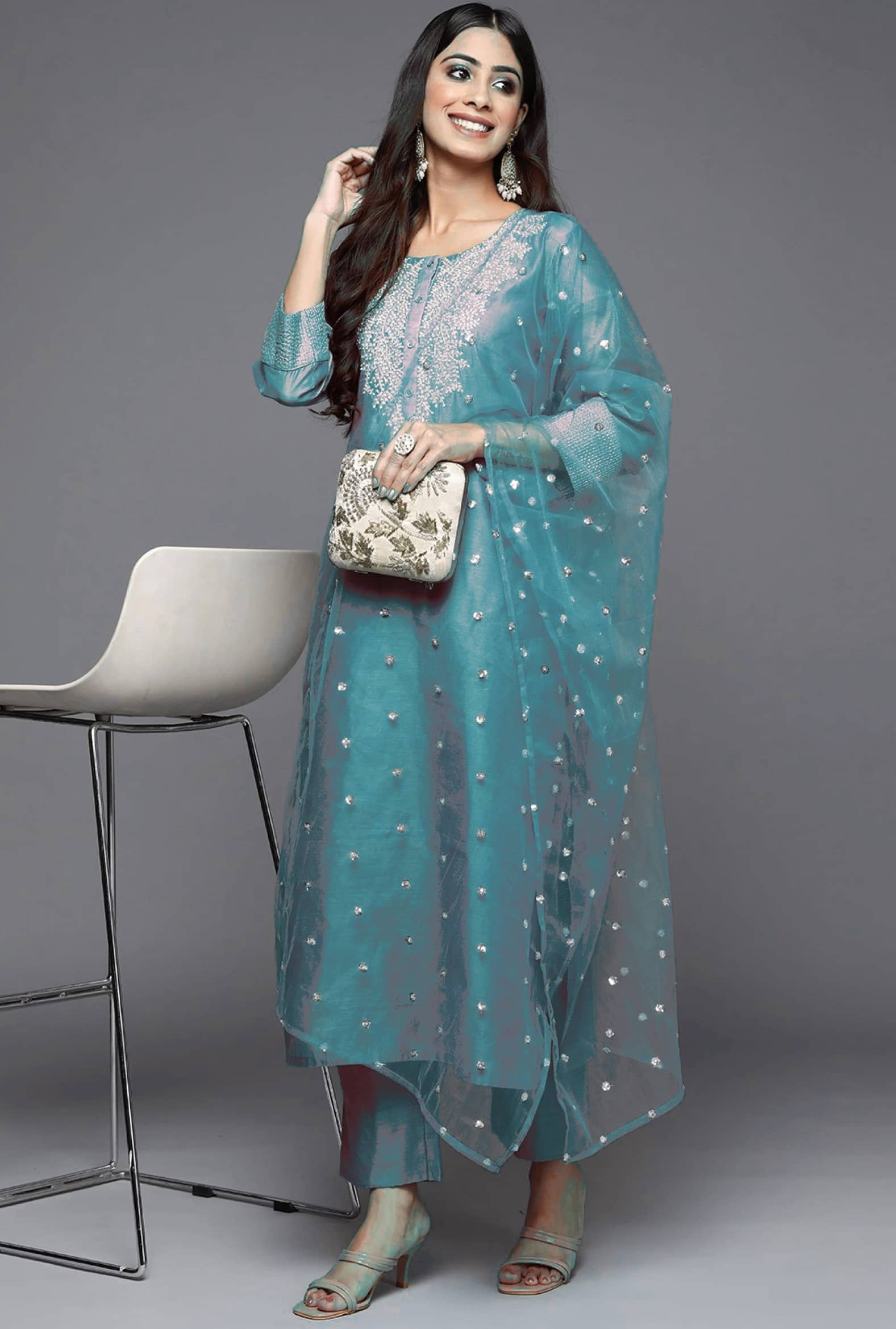 anushansa Silk Embellished Kurti With Pants Women's Stitched Salwar Suit - Green ( Pack of 1 )