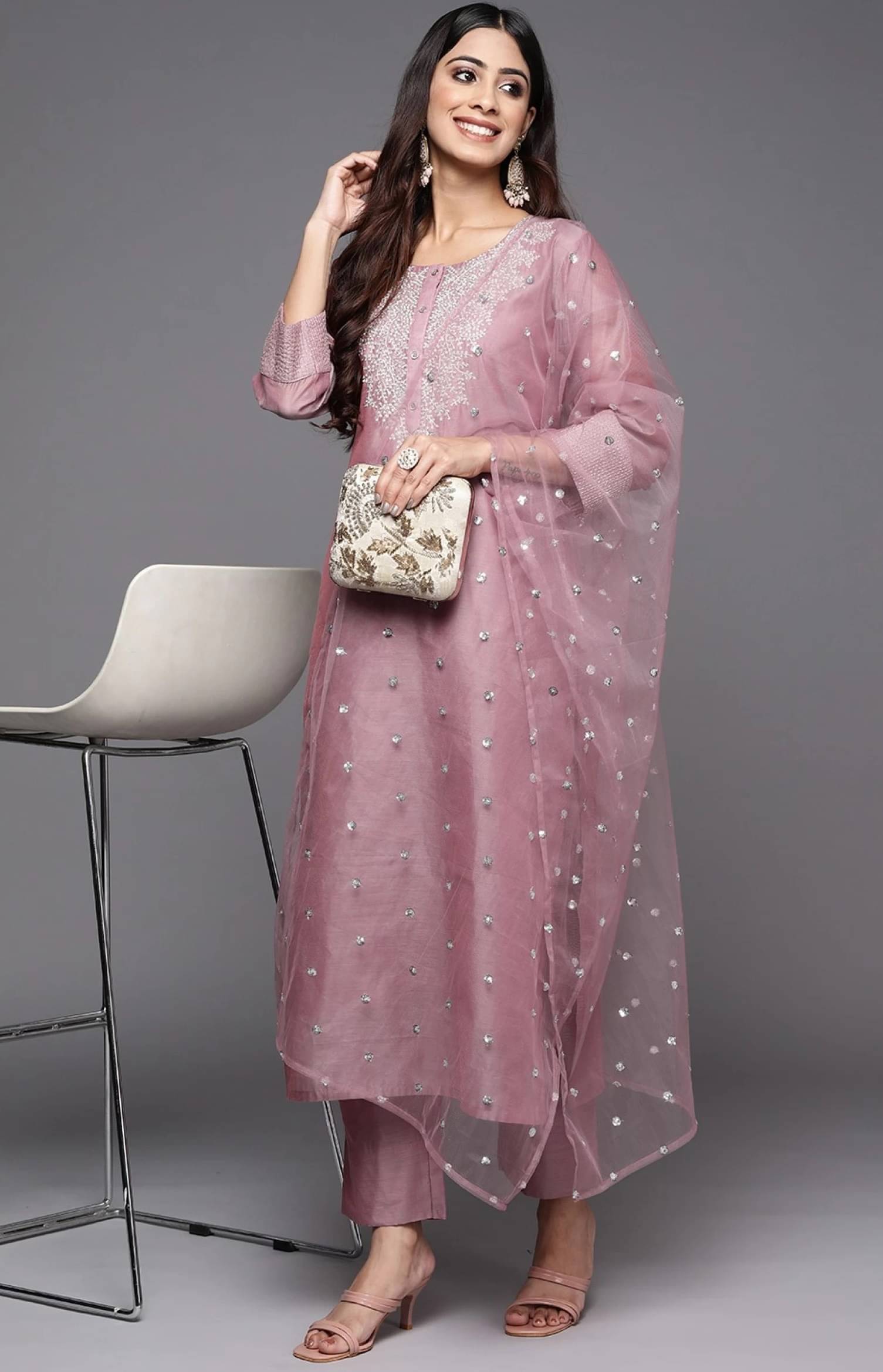 anushansa Silk Embellished Kurti With Pants Women's Stitched Salwar Suit - Pink ( Pack of 1 ) anushansa Silk Embellished Kurti With Pants Women's Stitched Salwar Suit - Pink ( Pack of 1 )