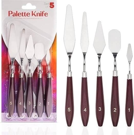     			freedy Palette Painting Knives - Set of 5 Various Sizes & Shapes, Stainless Steel Scraper Spatula with Polished Brown Handle for Artist Canvas Oil Paint Mixing Colour(L)