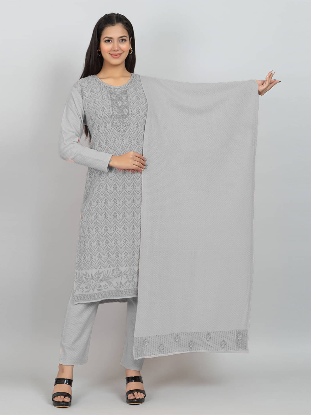 woolkart Woollen Embroidered Kurti With Pants Women's Stitched Salwar Suit - Grey ( Pack of 1 ) woolkart Woollen Embroidered Kurti With Pants Women's Stitched Salwar Suit - Grey ( Pack of 1 )
