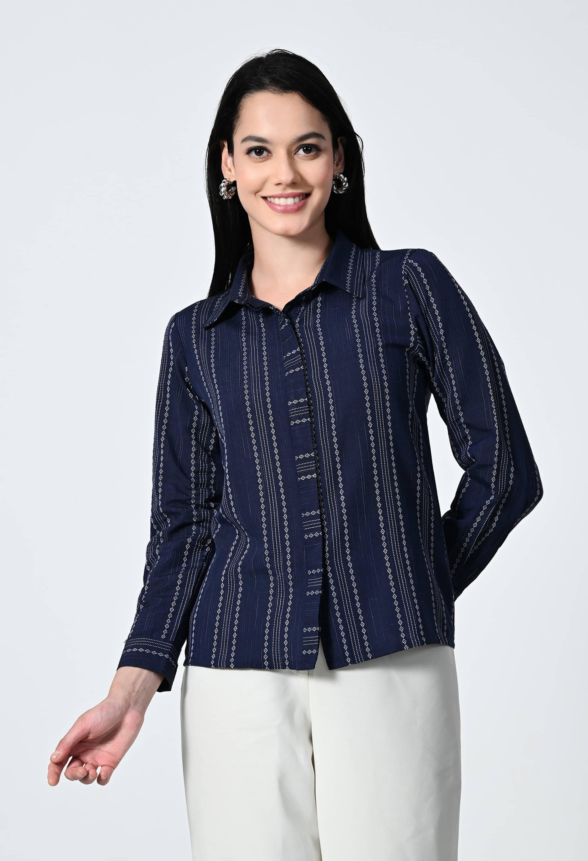 ALL WAYS YOU Women Striped Cotton Blend Shirt ( Blue )     			ALL WAYS YOU Women Striped Cotton Blend Shirt ( Blue )