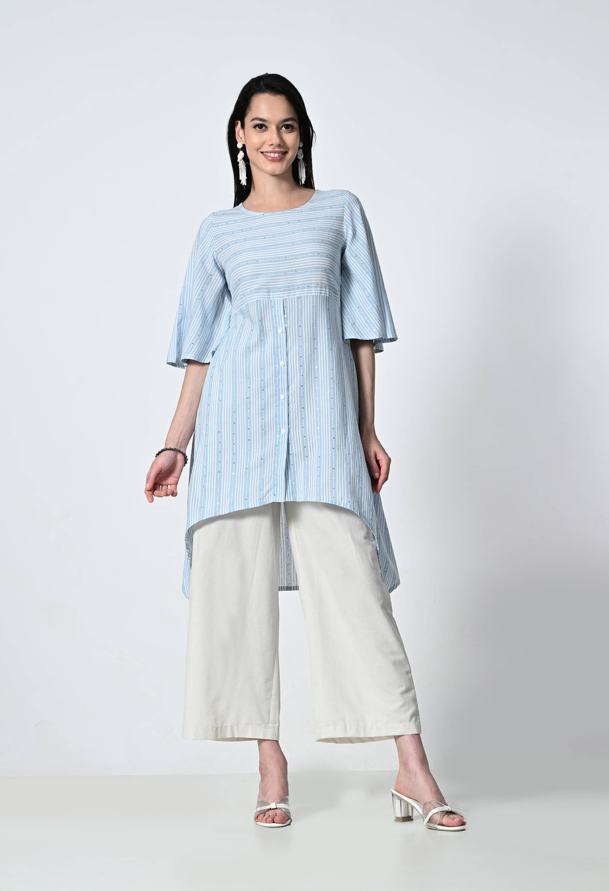 ALL WAYS YOU Pack of 1 Cotton Blend Embellished A-line Women's Kurti - ( Light Blue ) ALL WAYS YOU Pack of 1 Cotton Blend Embellished A-line Women's Kurti - ( Light Blue )