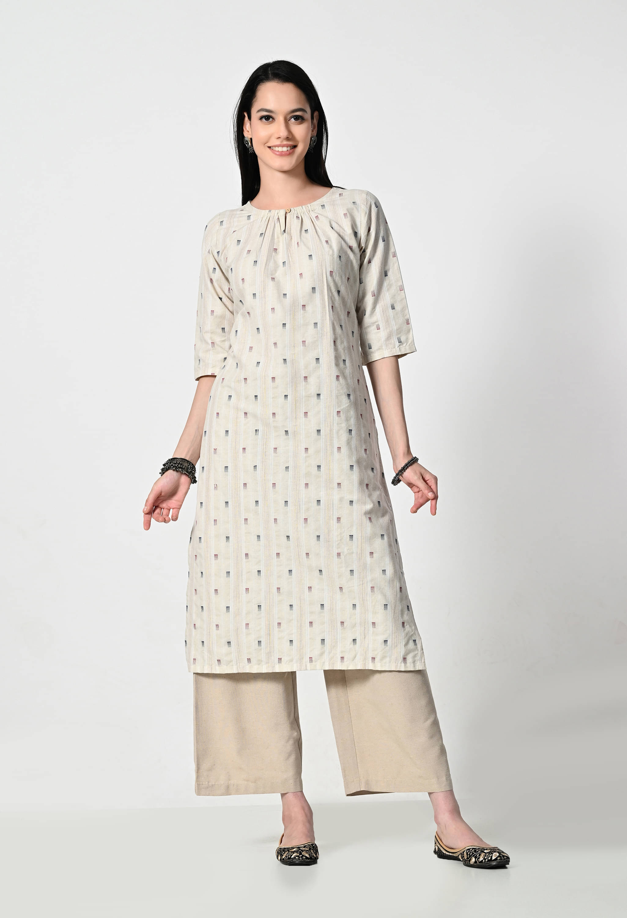 ALL WAYS YOU Pack of 1 Cotton Blend Self Design A-line Women's Kurti - ( Beige ) ALL WAYS YOU Pack of 1 Cotton Blend Self Design A-line Women's Kurti - ( Beige )