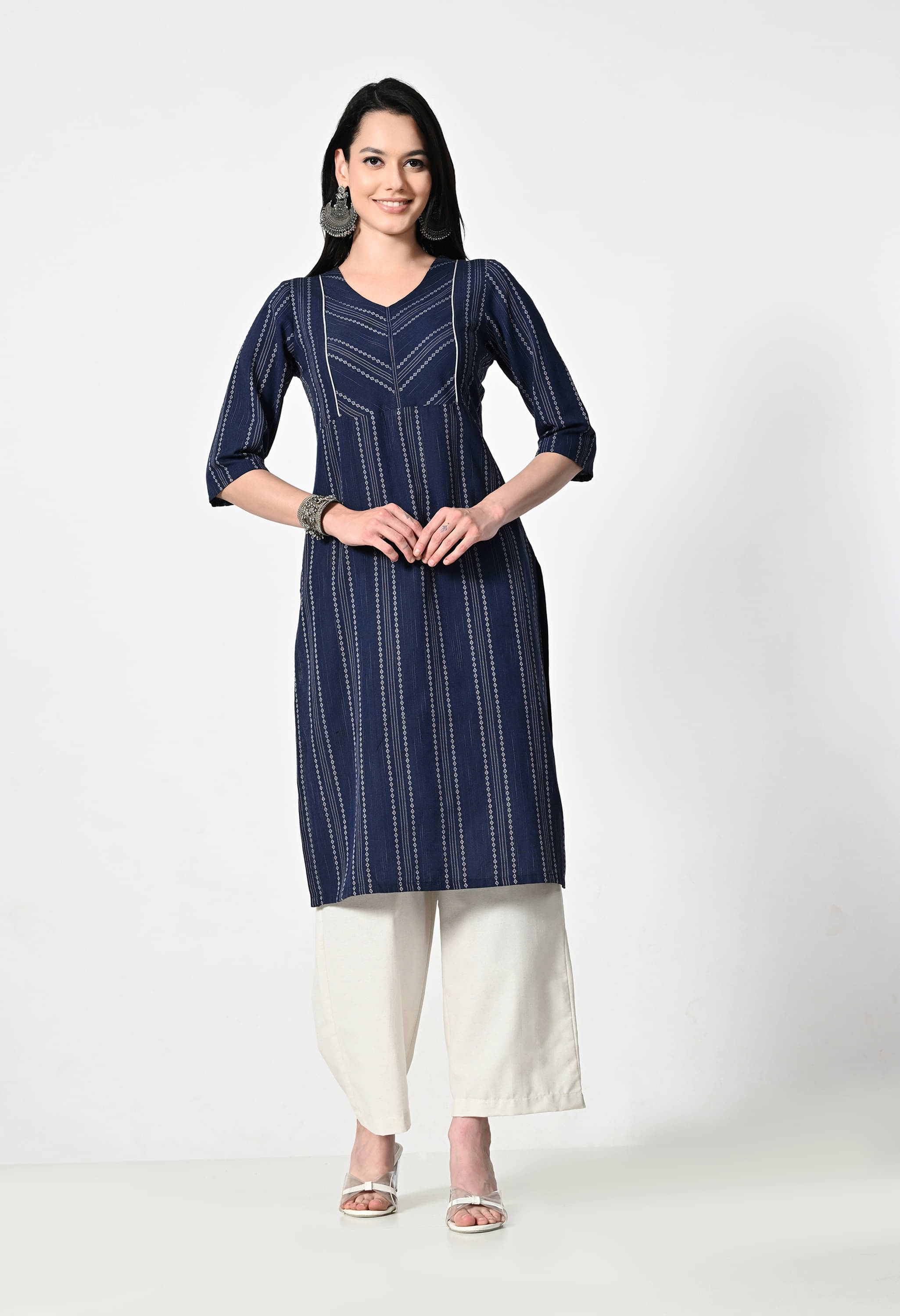     			ALL WAYS YOU Pack of 1 Cotton Blend Striped A-line Women's Kurti - ( Blue )