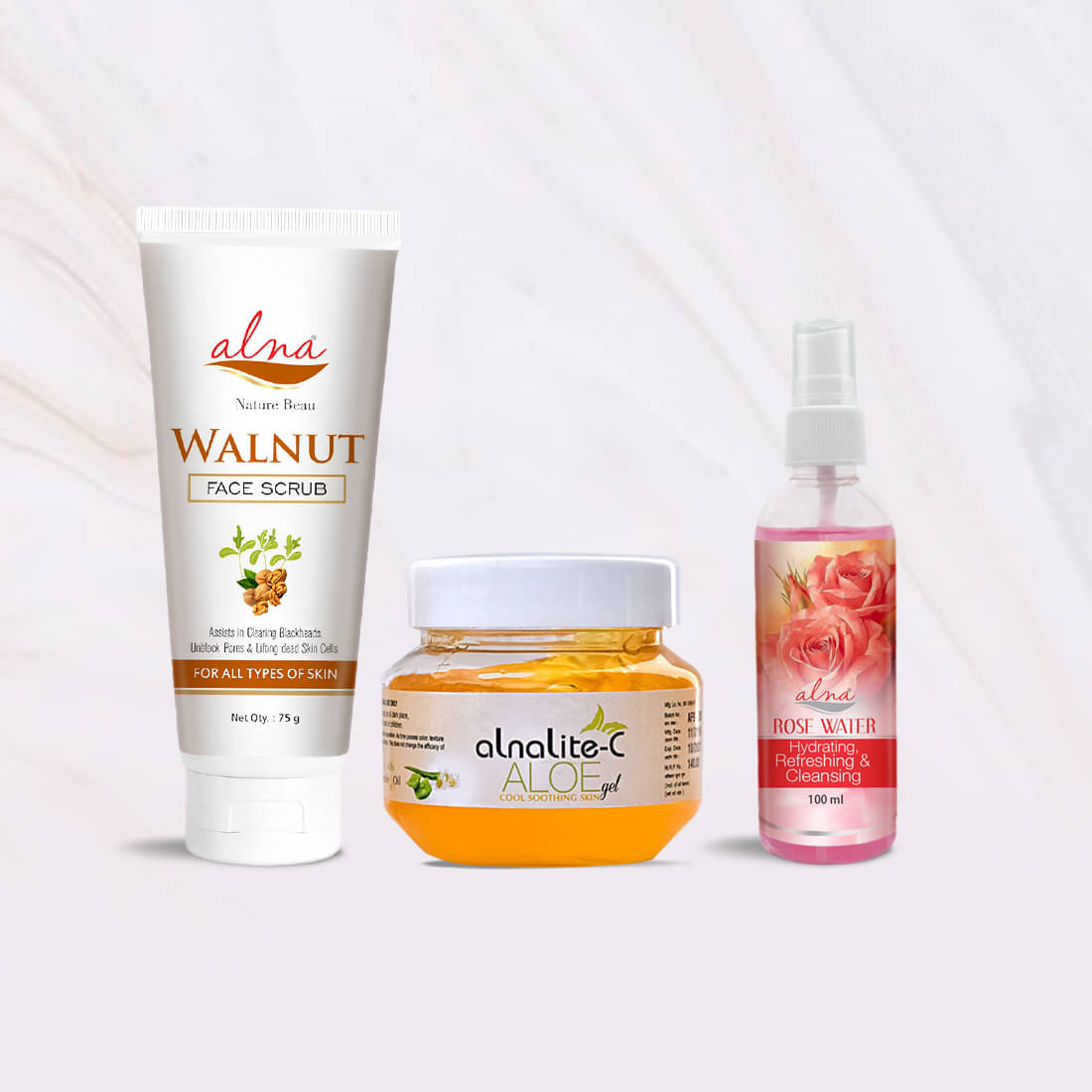     			Alna Walnut Face Scrub 75gm with Alnalite-C Aloe Gel 100gm & Rose Water 100ml , Pack of 3