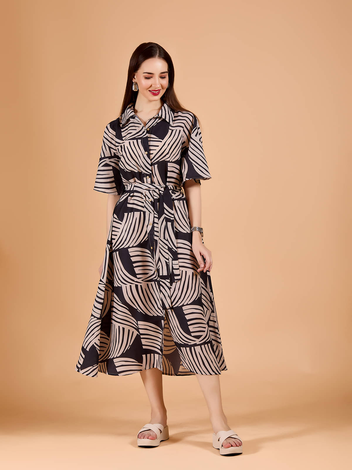 Amarasha Women Cotton Blend Printed Shirt Dress ( Black ) Amarasha Women Cotton Blend Printed Shirt Dress ( Black )